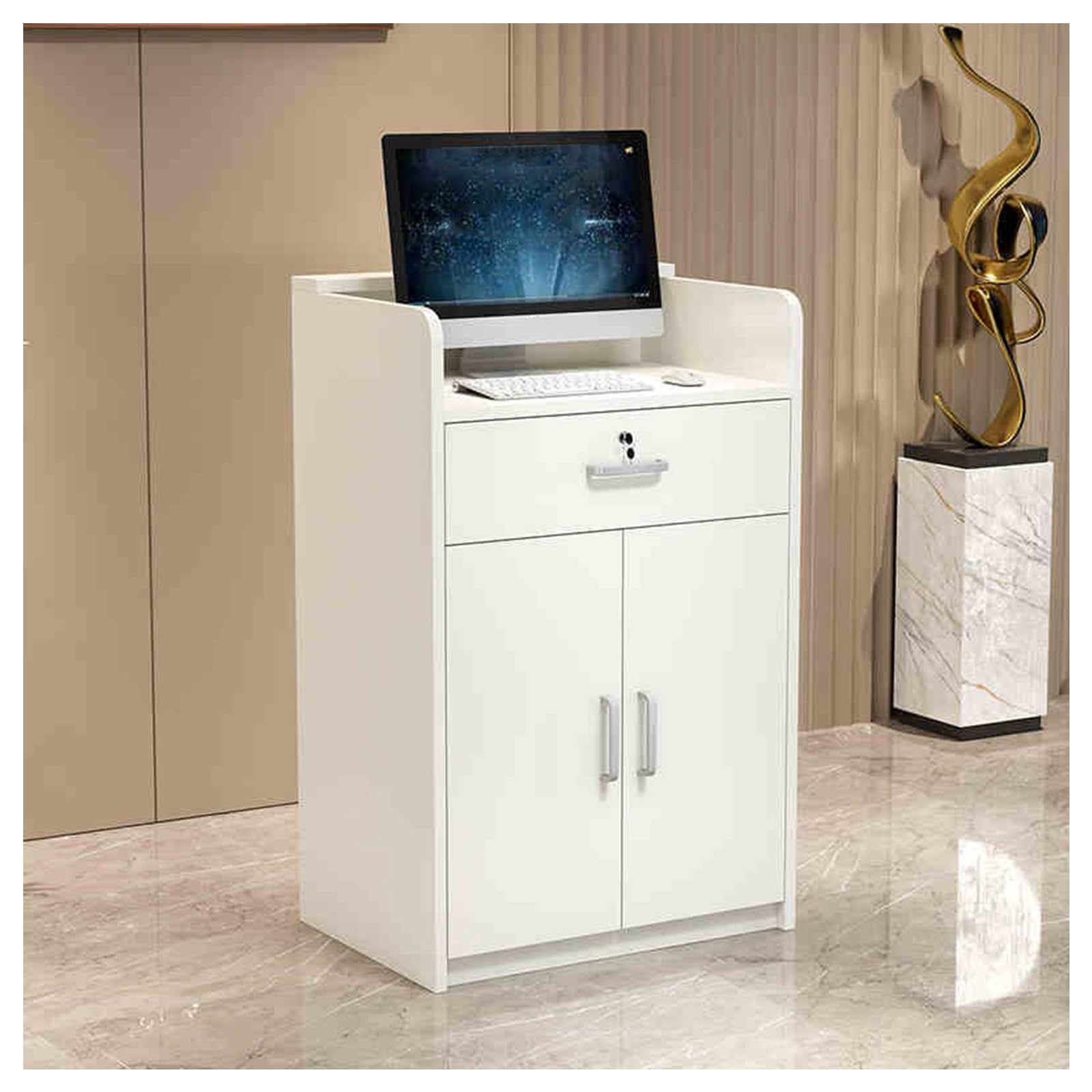 Élégant bureau d'accueil moderne, 27.1x15.7x35.4in comptoir de caisse avec stockage verrouillable pour salon de hall de bureau.Construction MDF durable, montage facile, solution de réception professio