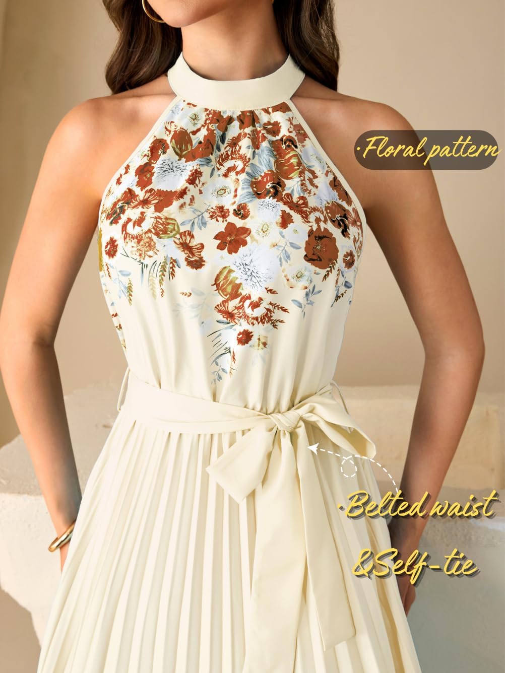 Elegant Floral Halter Maxi Dress, Classy Pleated A Line Flowy, Spring Summer Wedding Guest Dresses for Women - Image 5