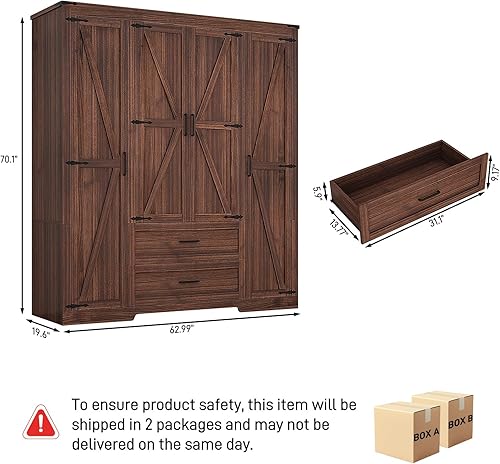 Vista 2 de Armario de ropa con 4 puertas y cajones, armario de madera estilo granja con estantes y barra para colgar para dormitorio, marrón