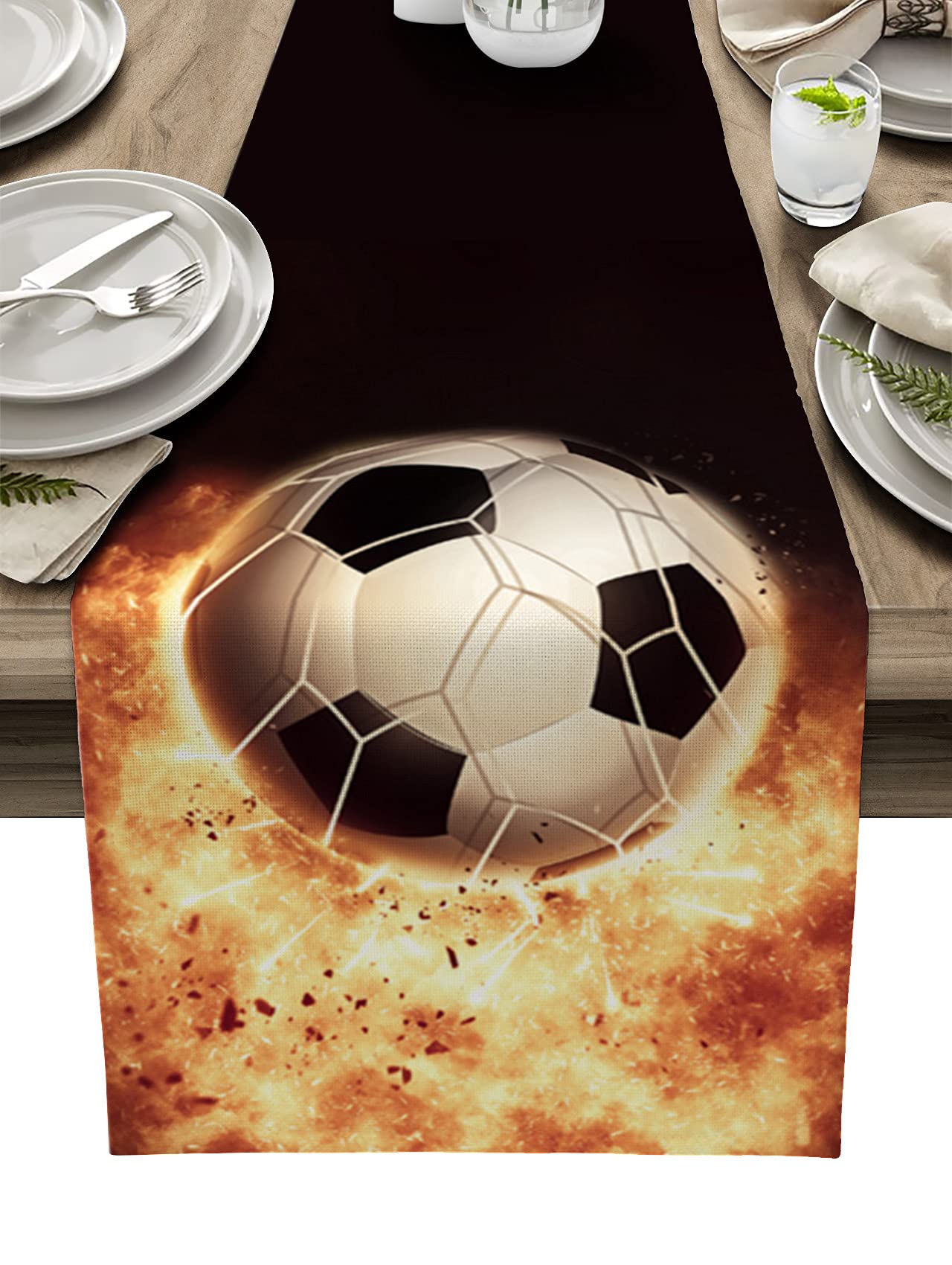 Findamy Soccer Table Runner 13x108inch, Heat Proof Table Runners for Holiday Parties, Table Cover Dresser Scarf Decorations for Kitchen Home, Soccer with Flames Enthusiastic Athletics