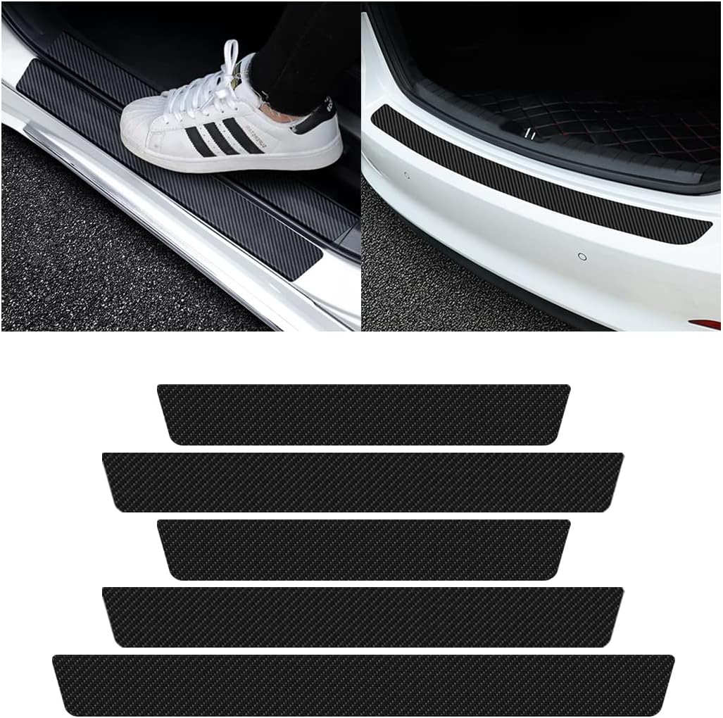 AUCELI 4PCS Car Door Sill Protector and 1PCS Rear Bumper Guard, Carbon Fiber Anti-Scratch Cover Strips, Trunk Door Entry Edge Protection Sticker, Auto Accessories Universal for Most Vehicles