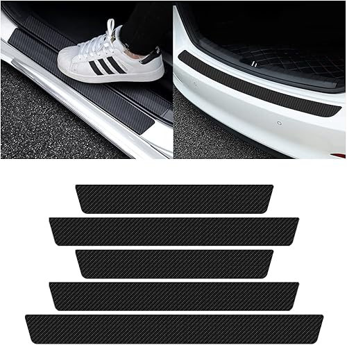 AUCELI 4 protectores de umbral de puerta de automóvil y 1 protector de parachoques trasero, tiras de cubierta de fibra de carbono antiarañazos,