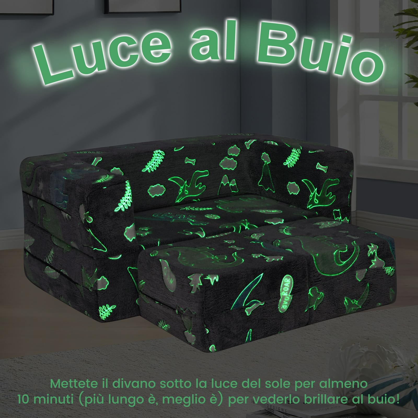 COSTWAY Divano Pieghevole 3 in 1 per Bambini Brilla al Buio, Poltrona Bambini con Rivestimento in Flanella Rimovibile e Lavabile, Pouf per Cameretta (Dinosauro Grigio)