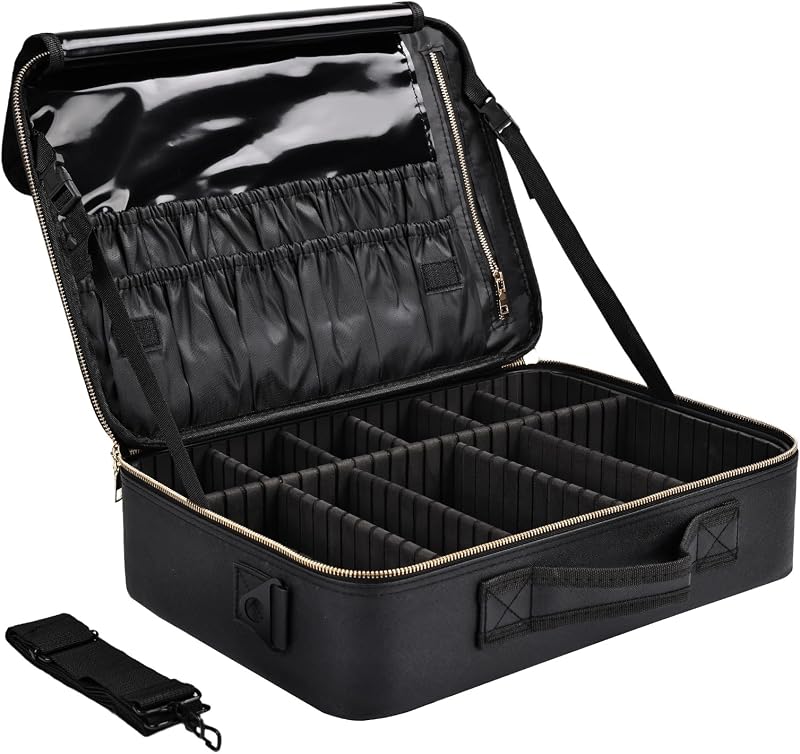 Necessaire de maquiagem Greenfeather grande em couro sintético preto com divisórias ajustáveis e alça