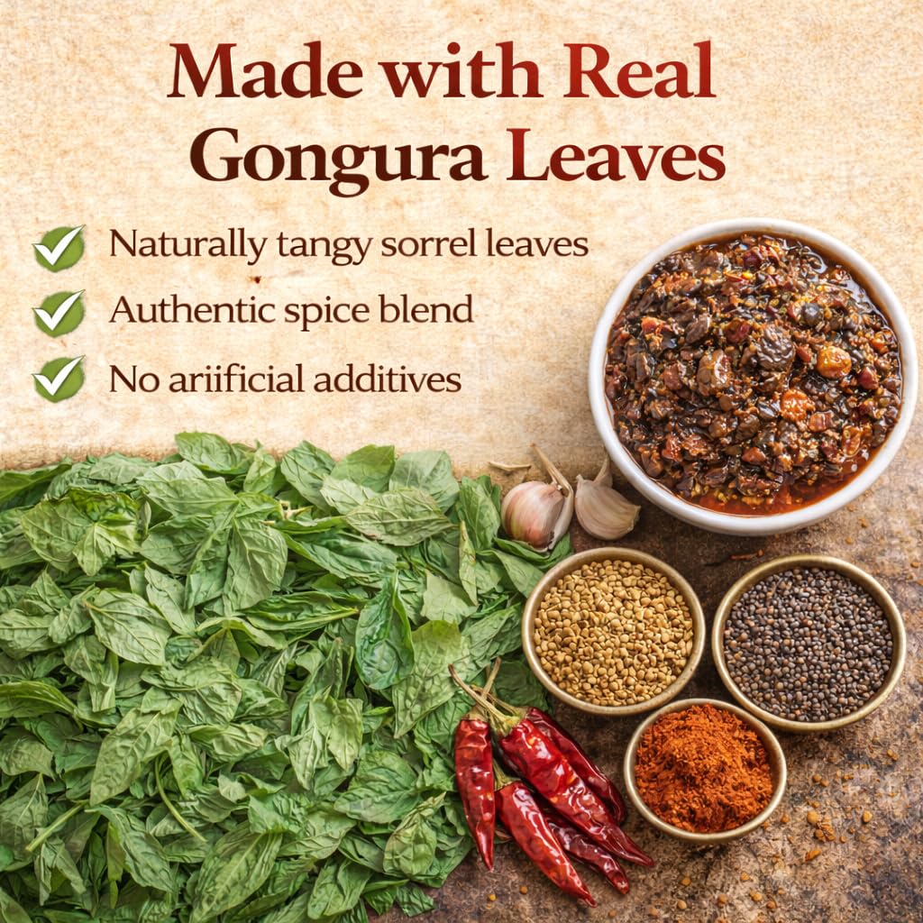 Delight Foods Gongura Pickle 250g | Andhra Special Gongura Pachadi | Spicy Sorrel Leaves Achar | Traditional Homemade Recipe Uppinkai, Nilva pachadi | NO PRESERVATIVES 1