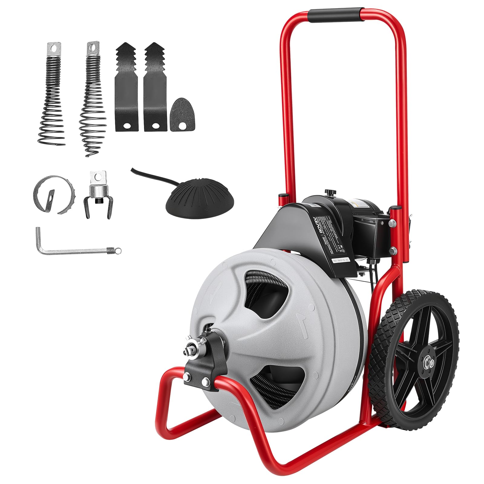 VEVOR Máquina de Limpieza de Desagües 22 m x 9,5 mm, Máquina de Limpieza de Tuberías con Alimentación Manual y Ruedas, con 4 Cortadores e Interruptor de Pedal Neumático, para Tubos de 5-10 cm