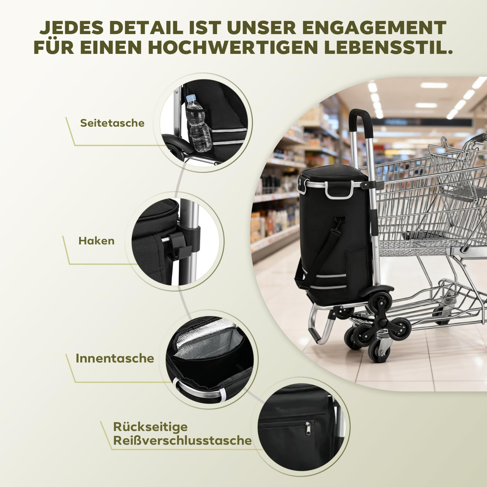 Treppensteiger Einkaufstrolley, 56L Faltbar, Wasserdicht, mit Kühlfach, Universalräder, 40kg Belastbarkeit, Schwarz