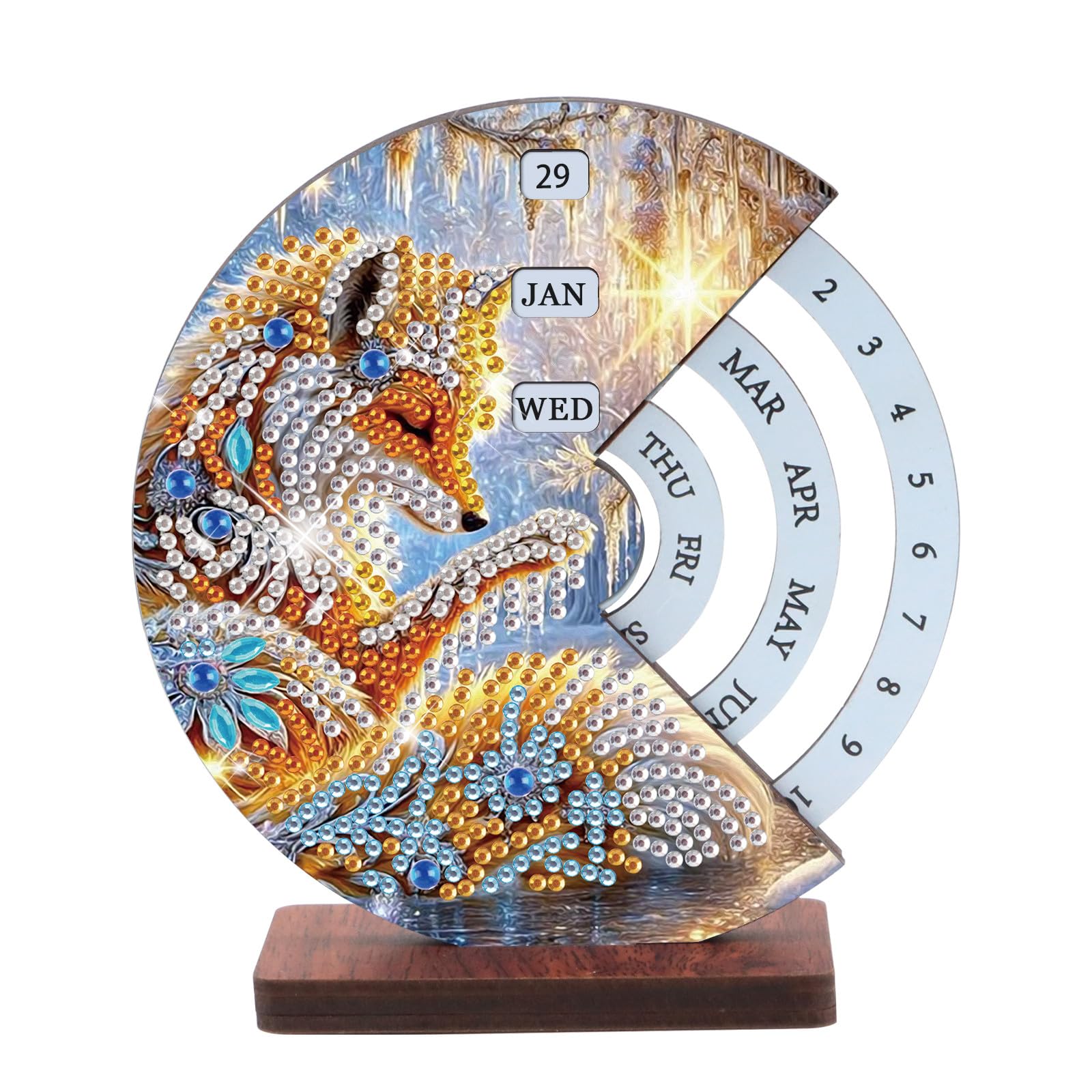 CustmArti DIY Diamond Art Painting Wooden Rotatable Calendar Creative Design Home Decoration Desktop Ornament For Office And Room Decor-Fox