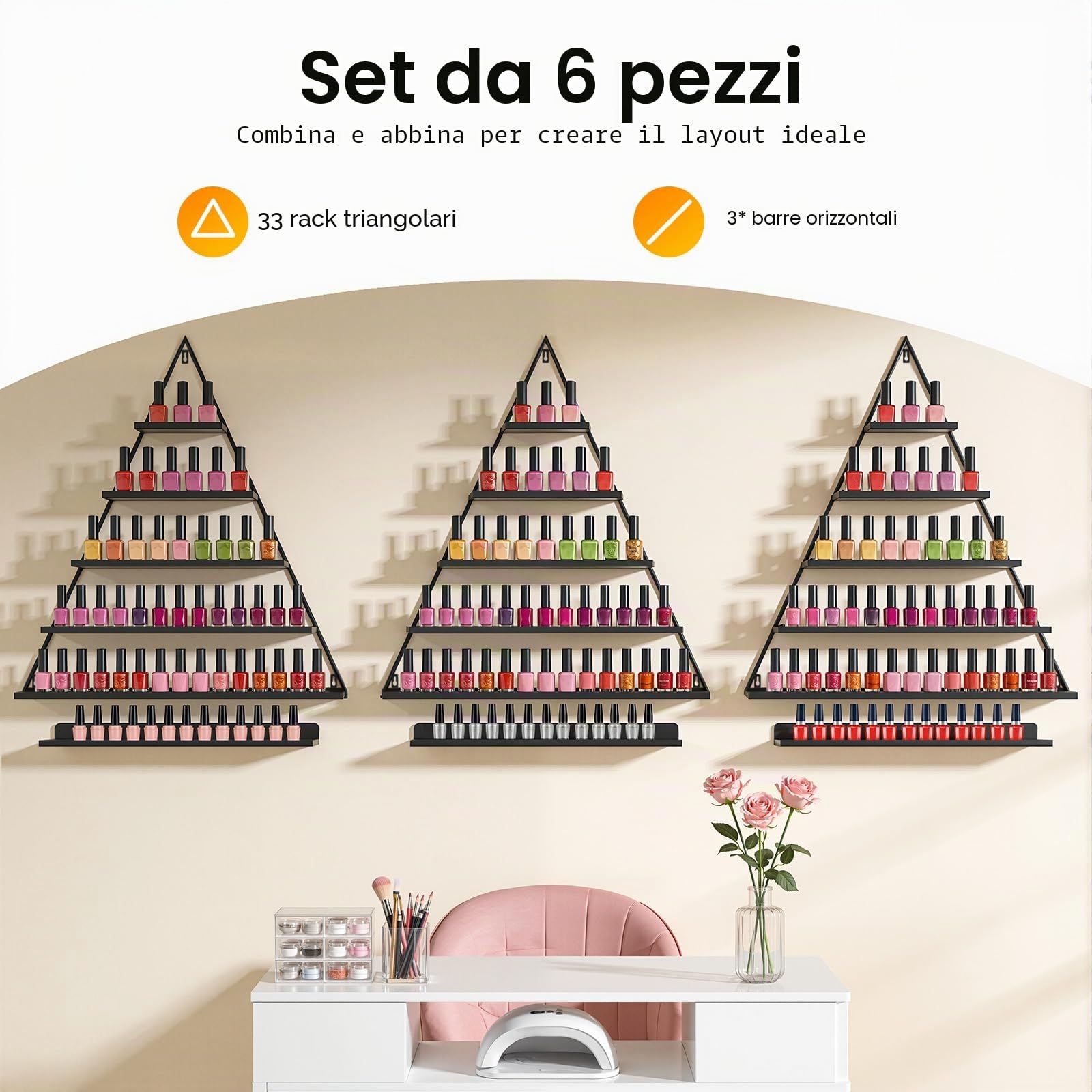 Set di 3 scaffali per smalti da parete in metallo, organizer per smalti dorati, a forma di diamante (nero)