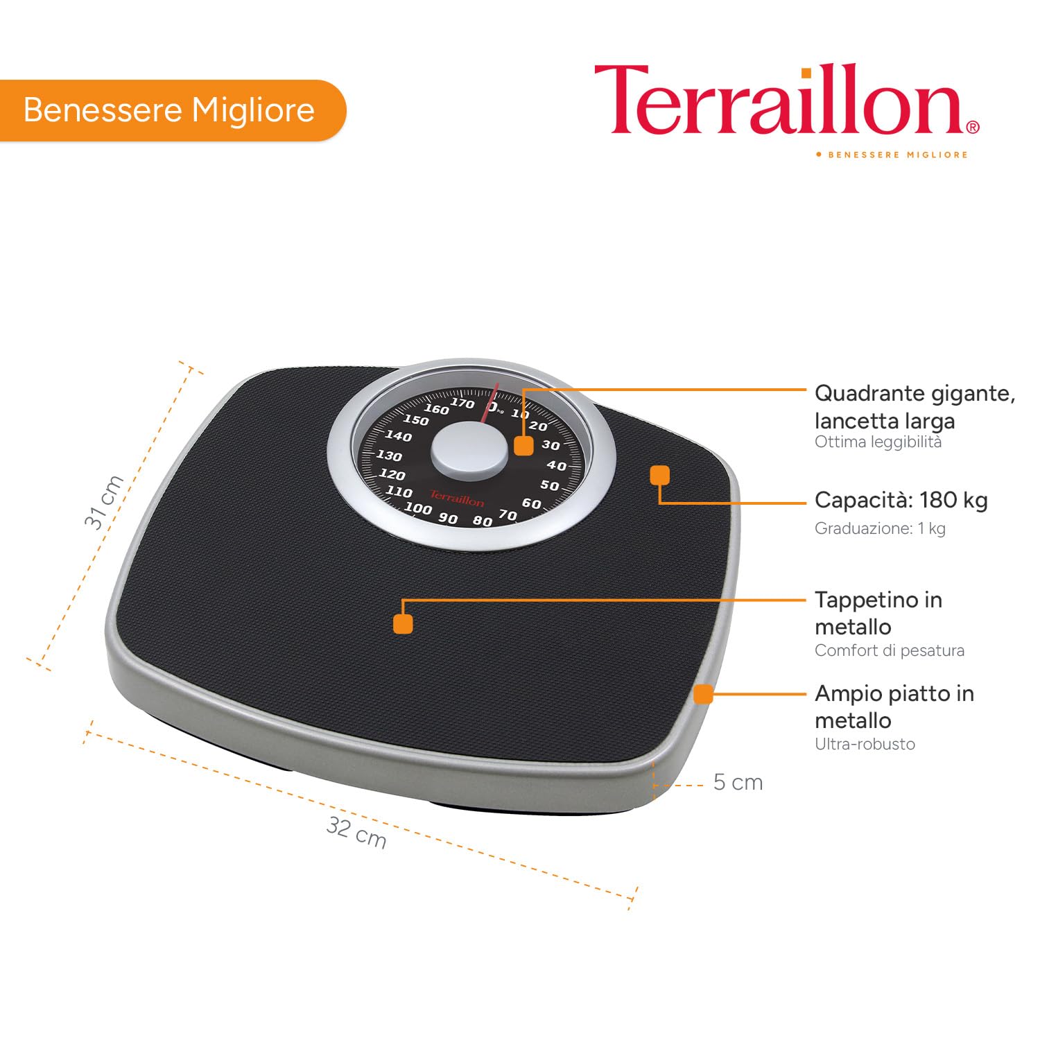 TERRAILLON - NEO T - Bilancia pesata meccanica con ampio vassoio in metallo con rivestimento antiscivolo, grande quadrante ad alta leggibilità, bilancia robusta, capacità 180 kg, gradazione 1 kg, nero