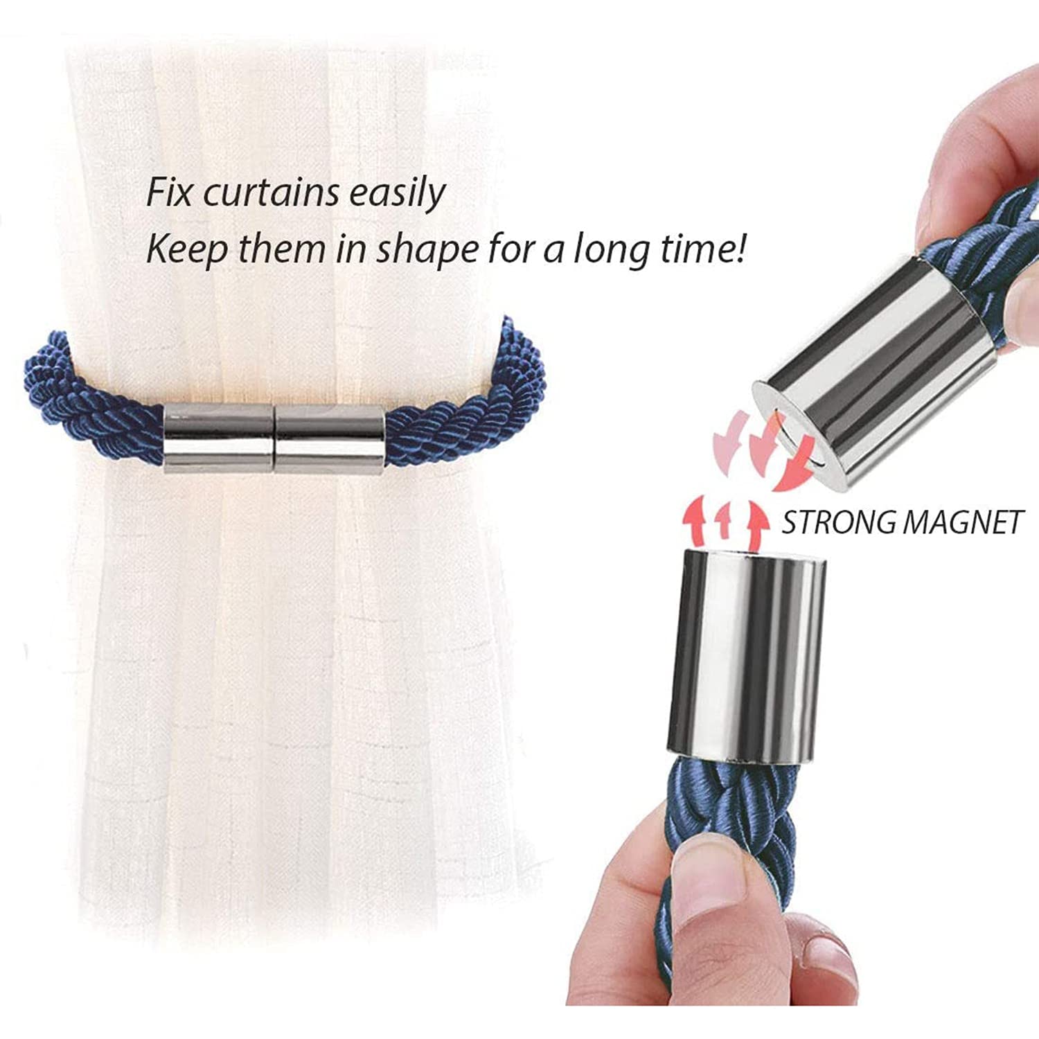 Porlau 6 Ferma Tenda Magnetici In Corda Di Cotone Intrecciata A Mano - Legno, Regolabili, Senza Fori, Per Soggiorno E Camera - 6
