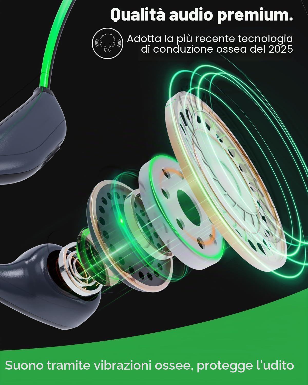 MONODEAL Cuffie conduzione ossea, Open Ear Auricolari Bluetooth 5.3 verdi con luce intelligente, 20 ore di autonomia, IPX7 resistenti al sudore, ideali per corsa e ciclismo