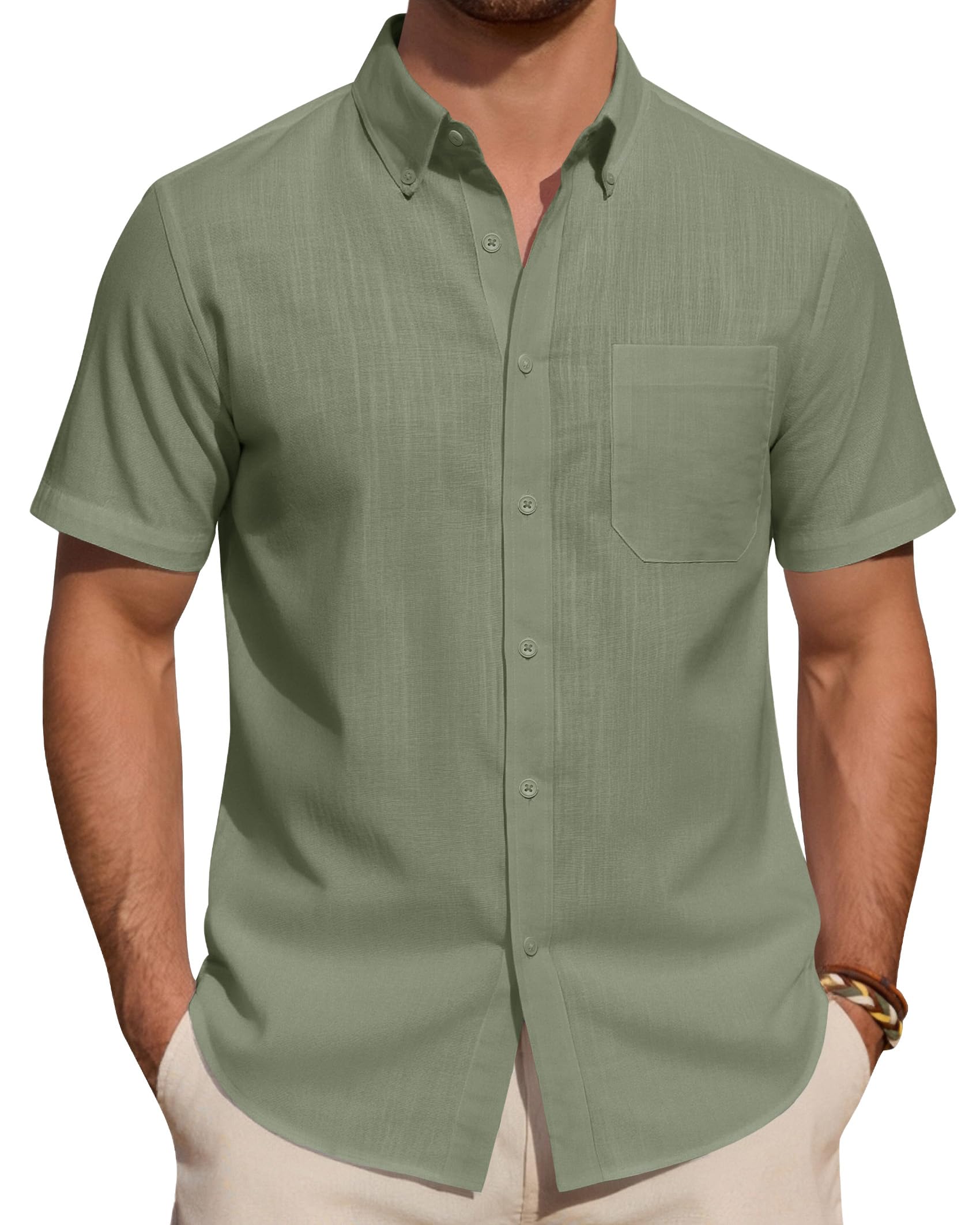 J.VER Leinenhemd Herren Kurzarm Hemd Sommer Freizeithemden Herren Casual Beach Shirts Regular Fit Männer Leinen Hemd Button Down Basic Men Shirts mit Brusttasche
