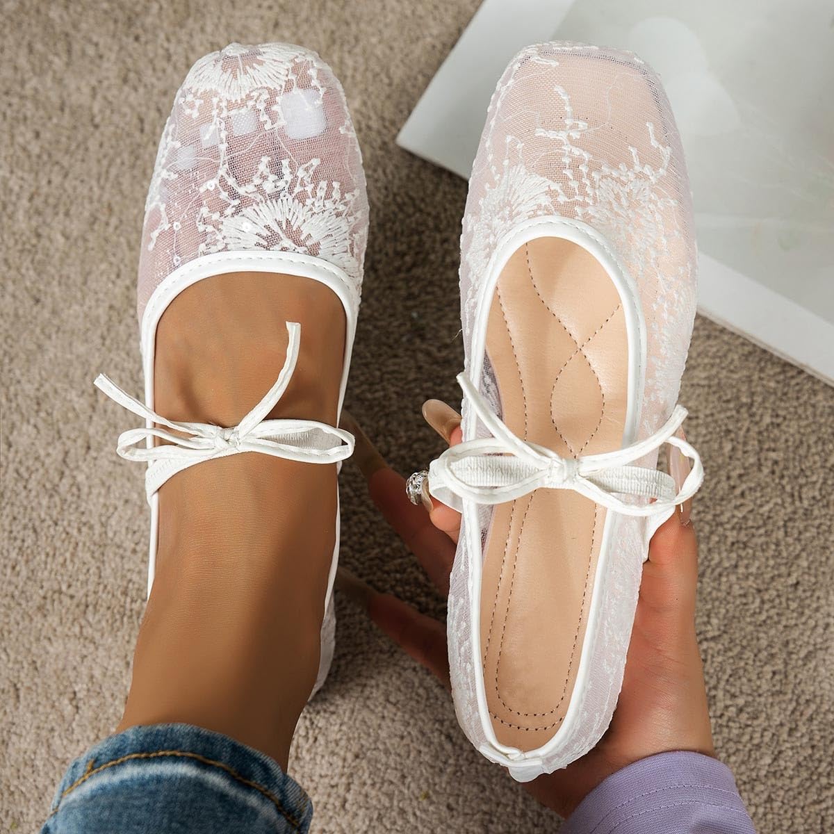 Women Sheer Lace Flats Bow Knot Strap Square Toe Mesh Ballerina Shoes Memory Foam Soft Comfy Vintage Embroidery Flats — view 3