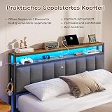 AOGLLATI Cadre de Lit 140x200 avec Multiprise et Éclairage LED, Lit 2 Personnes Flottant avec Tête de Lit Rangement, avec Sommier en Métal, Structure Stable, Lin Gris Foncé(sans Matelas) - 4