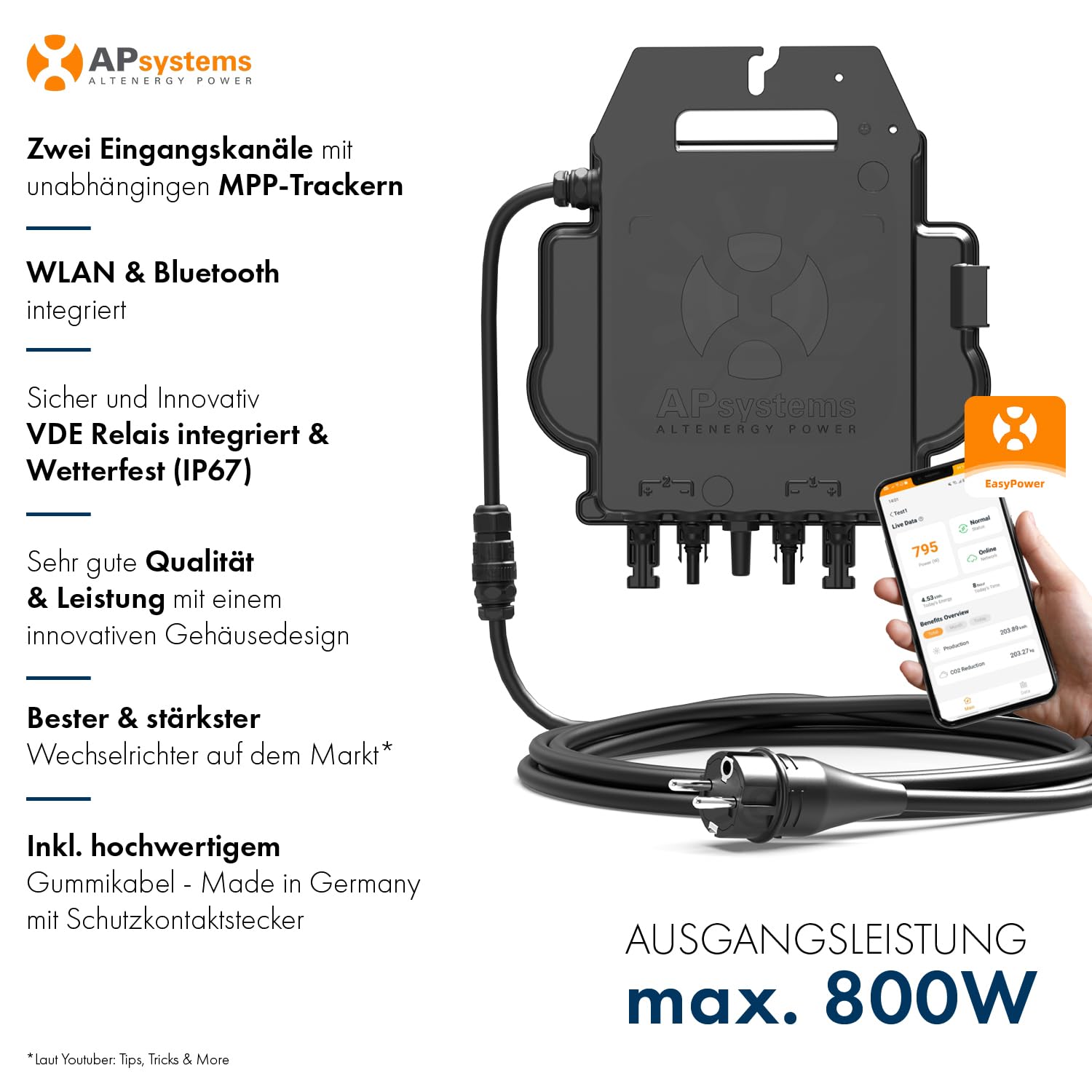 SPAUN Balkonkraftwerk 1000W p | 800W Komplettset mit bis zu 1300Wp bifazialer PV-Leistung und 3m Anschlusskabel zum Einstecken in die Steckdose - Wifi Fernüberwachung, Mini-PV-Anlage, N-TOPCon