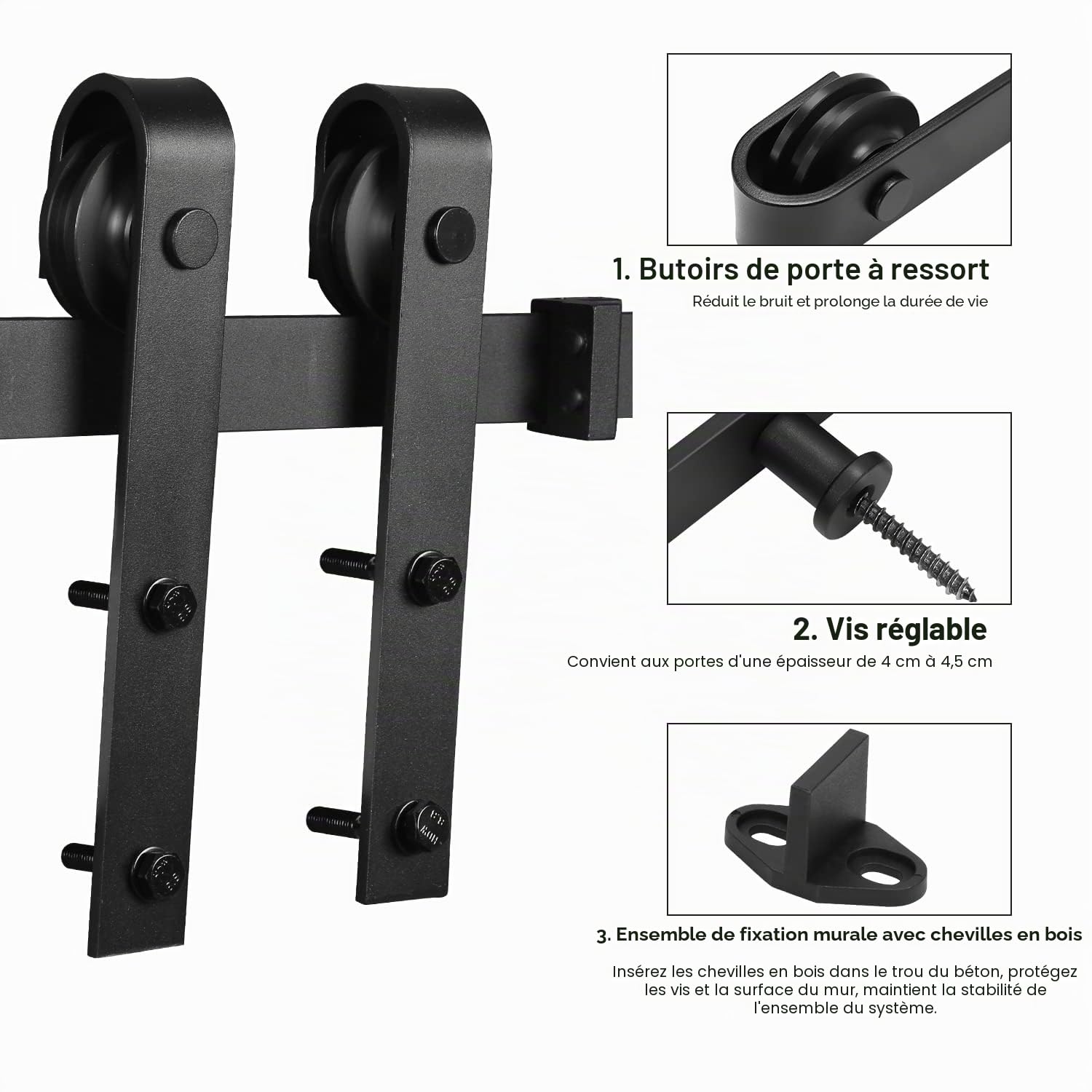Lospitch Ensemble de ferrures pour porte coulissante de 152 cm/5 pi avec rails de coulissement pour porte coulissante Ensemble de système de porte coulissante La capacité de charge maximale est de 150