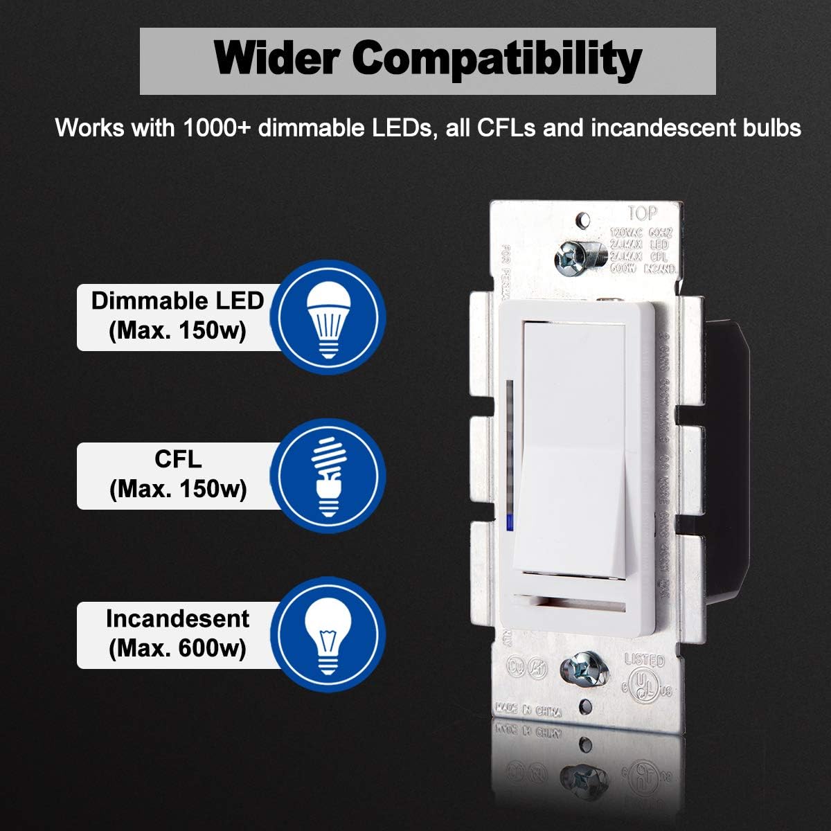 Best Deal (5 Pack) CML Digital Dimmer Switch, 3-Way or Single Pole Dimmable Light Switch, for LED, CFL, Incandescent and Halogen Bulbs, 3-Year Warranty, UL Listed, White