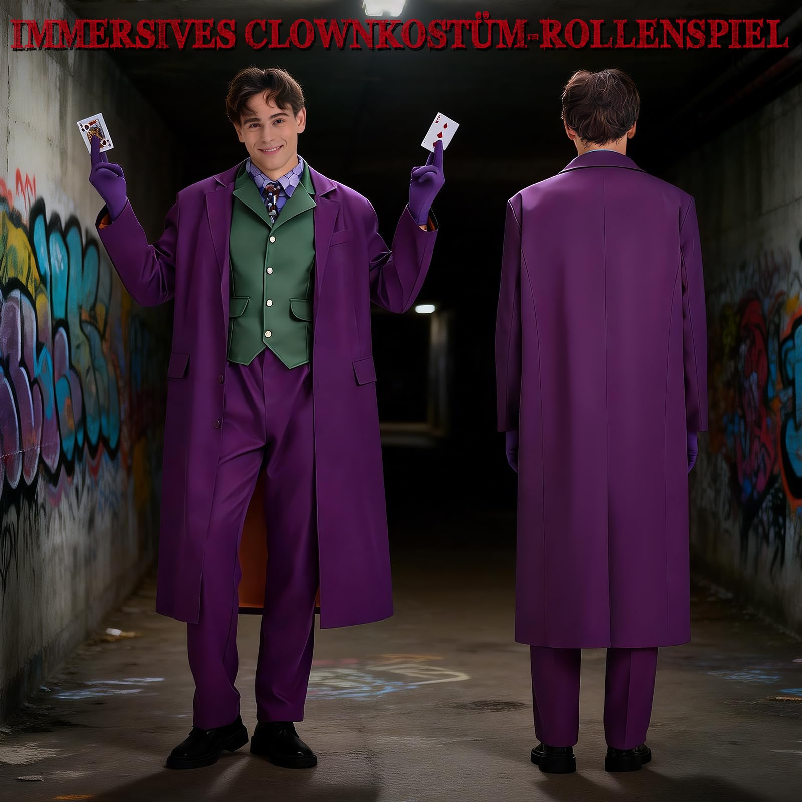Joker Kostüm Herren, Killer Joker Outfit Herren Horror Clown Kostüm Erwachsener Set mit Lila Mantel, Grüne Weste, Hose, Krawatte, Falschem Hemdkragen und Handschuhen für Halloween