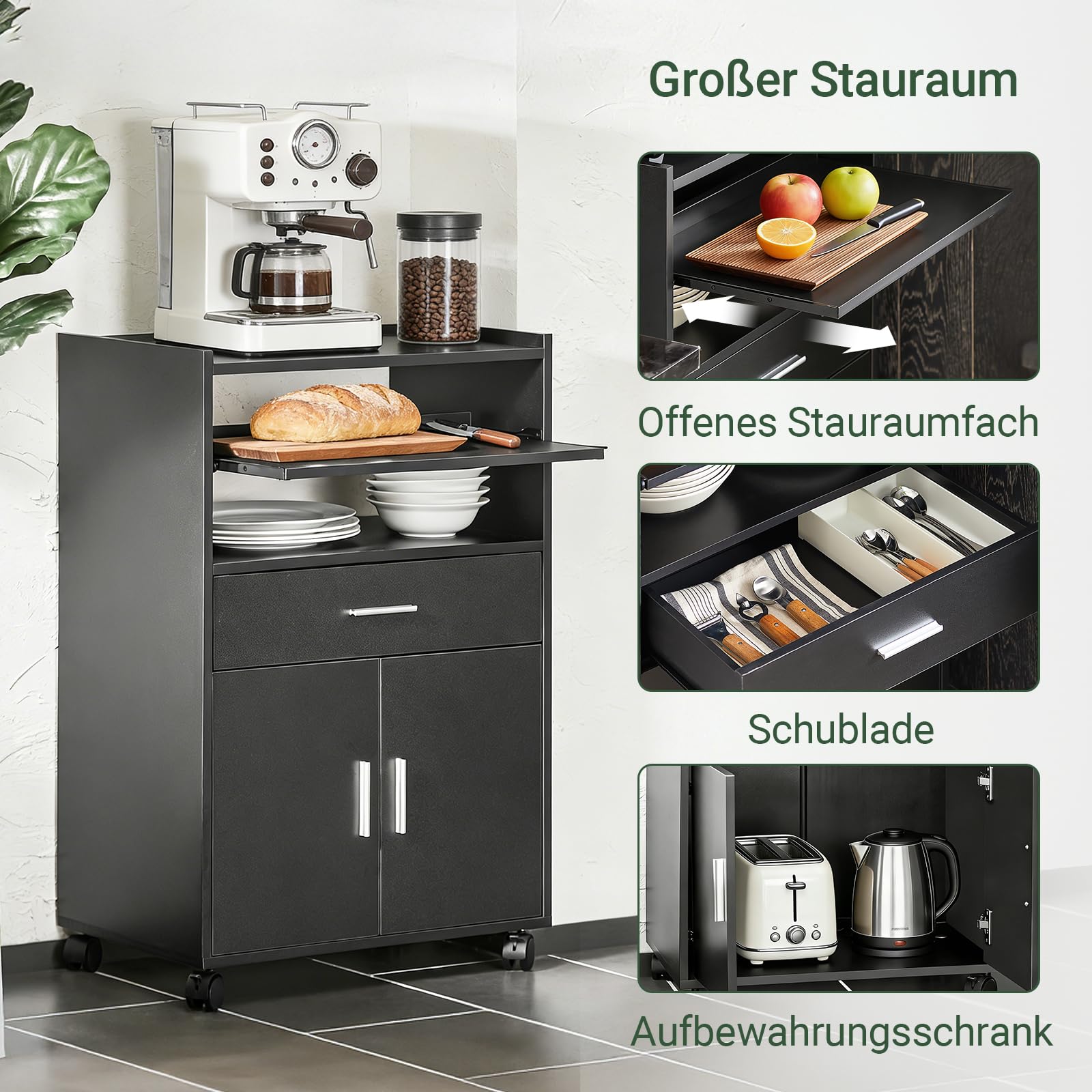 SoBuy Küchenwagen mit Rollen und Arbeitsplatte – Mikrowellenschrank mit Rollen, Kaffeewagen mit ausziehbarer Ablage, für Singleküche, Büro, Esszimmer und Outdoor Schwarz BHT ca. 59x92x40cm FSB09-SCH
