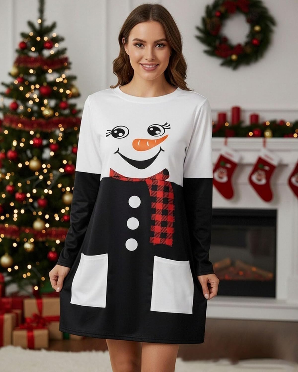 MOUSYA Women Dress Shirt Christmas Long Sleeve Tops Santa Printed Pullover Loose Plus Size T-Shirt Blouse with Pockets - Image 2