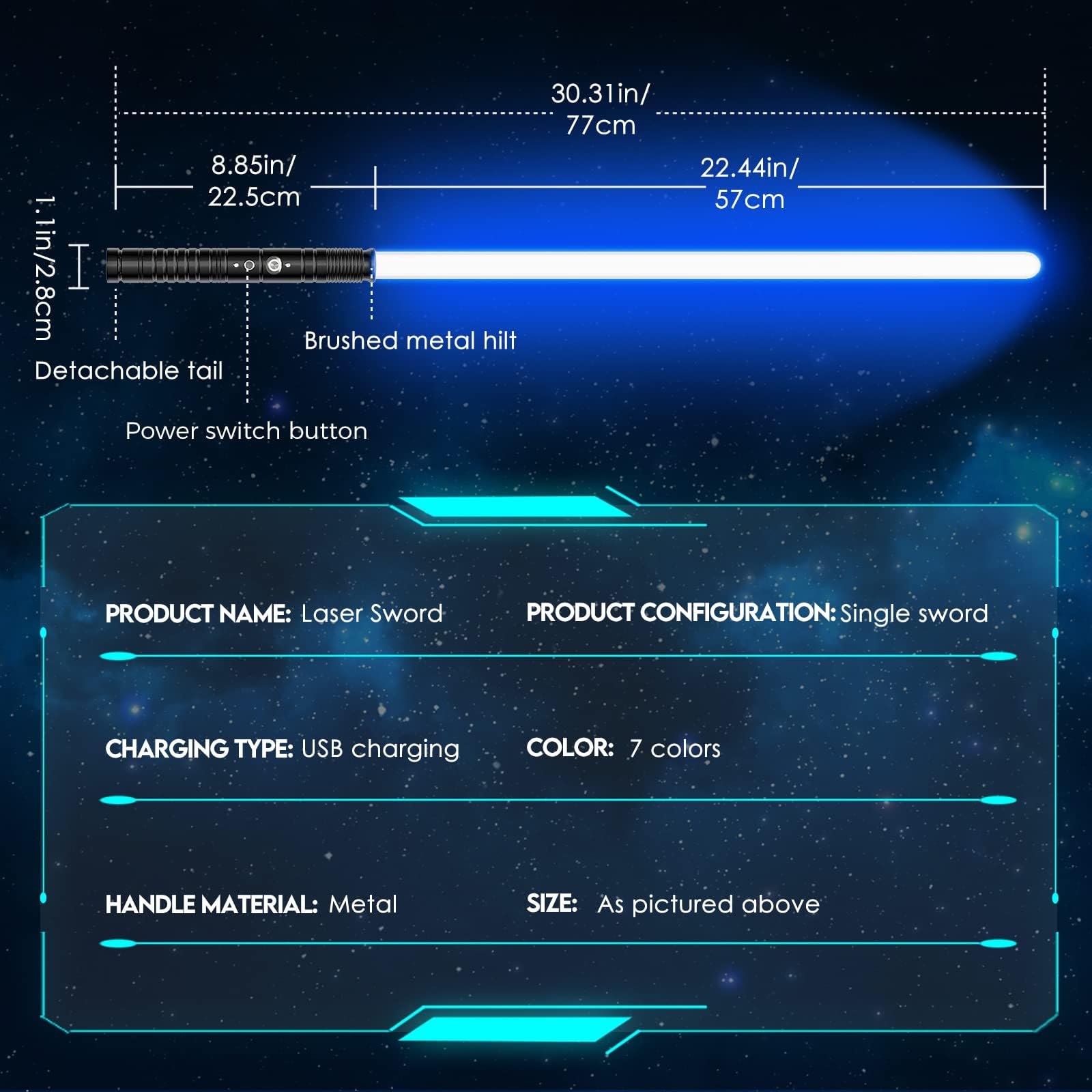 Lischwert Spada laser, RGB 7 colori, 3 modelli, spada laser, effetti sonori vibranti e combattimenti, giocattolo regalo e cosplay per bambini dai 6 anni in su, 77 cm, colore: nero