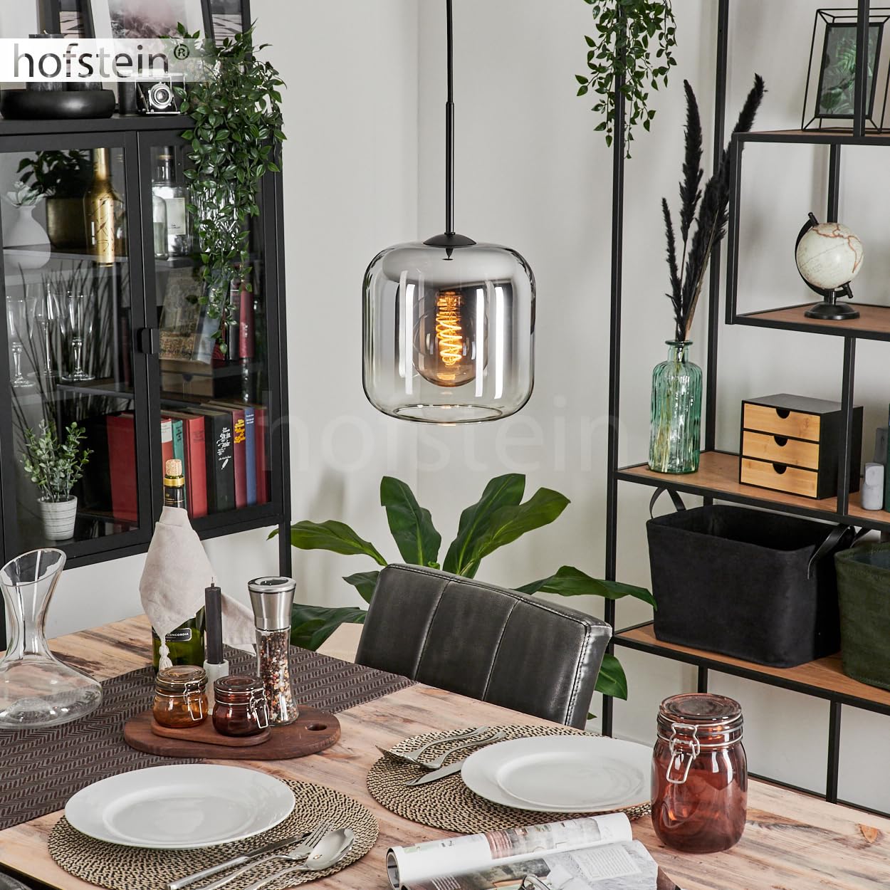 HOFSTEIN Lauden Pendant Light, Hanging lamp Made of Metal/Glass in Black/Smoke Colour/Clear, Vintage/Retro Design luminaire with Glass Shade (Ø 20 cm), Height max. 150 cm, 1 x E27, Without Bulb