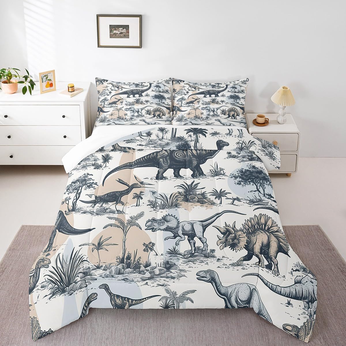 Erosebridal Kids Dinosaur Comforter Set, Dino Palm Tree Bedding Set Twin Size for Boys Teens Adult Bedroom, Ancient Animal Duvet Sets Mountain