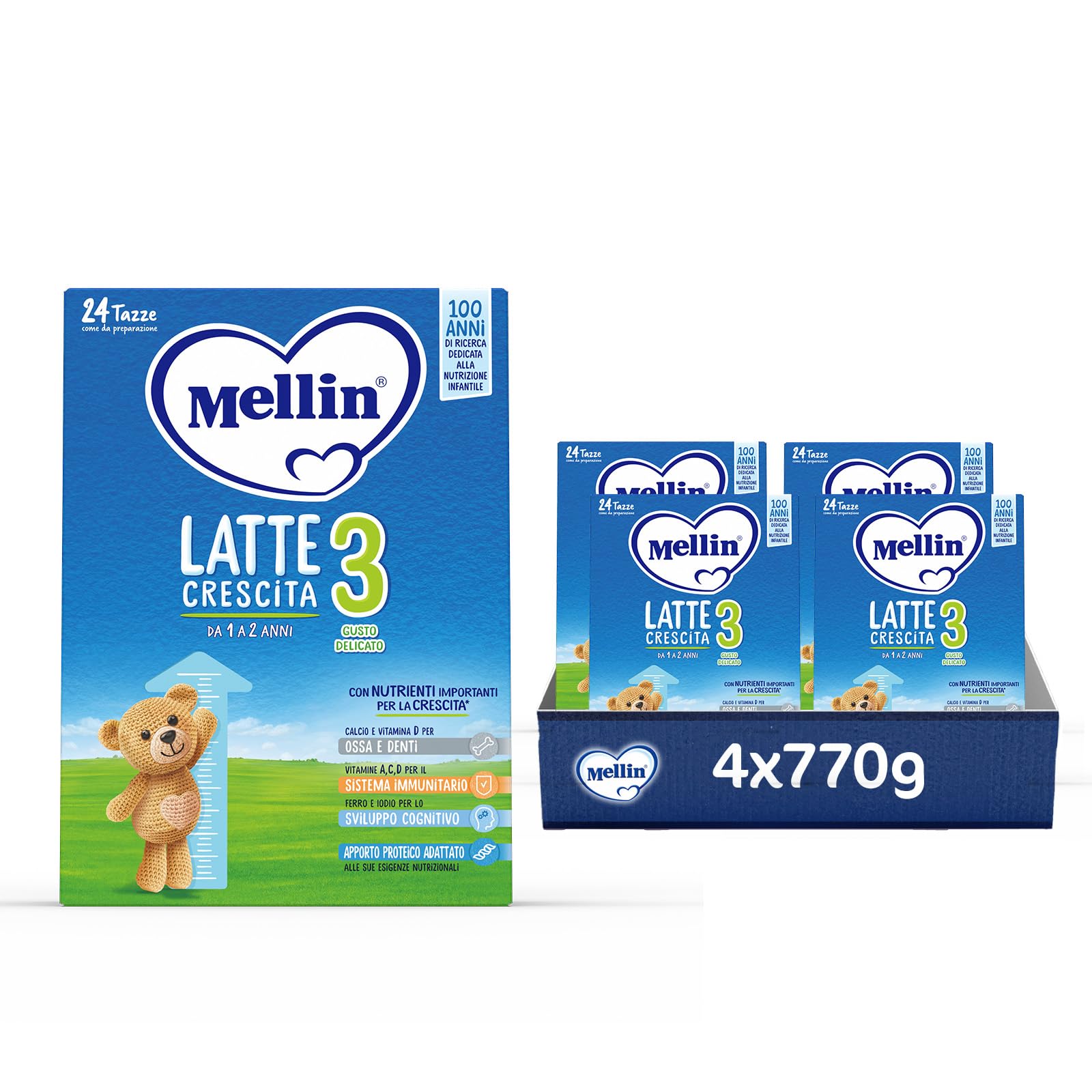 MELLIN 3 - Latte di Crescita in Polvere per Bambini - dal 1° al 2° anno, Gusto Delicato - Confezione da 3080 grammi (4 pezzi da 770g)