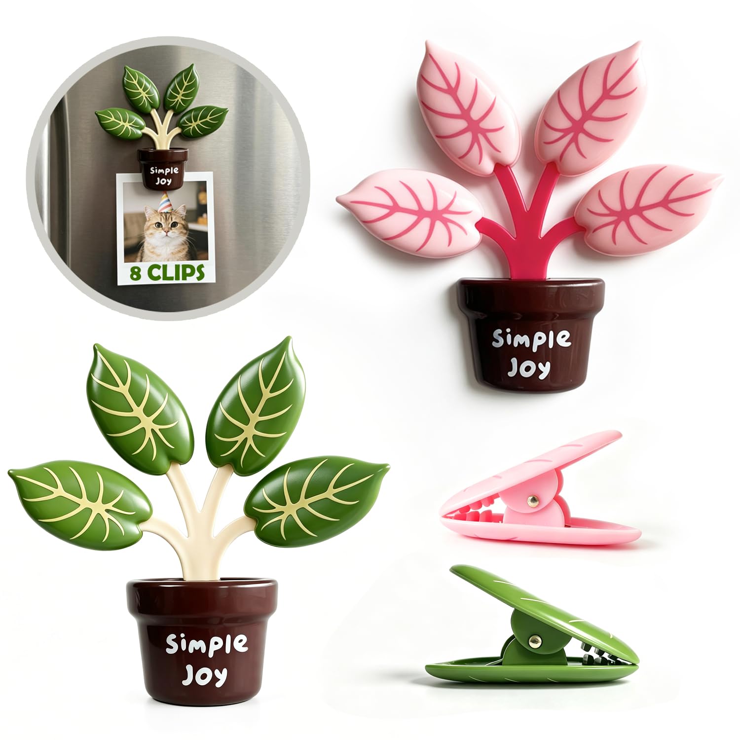 2 Pack Fridge Magnets Clips, 8 Cute Green Pink Plant Food Clip for Chips, Magnets Clips for Refrigerator, Bag Chip for Food Storage Snack, Kitchen, Refrigerator