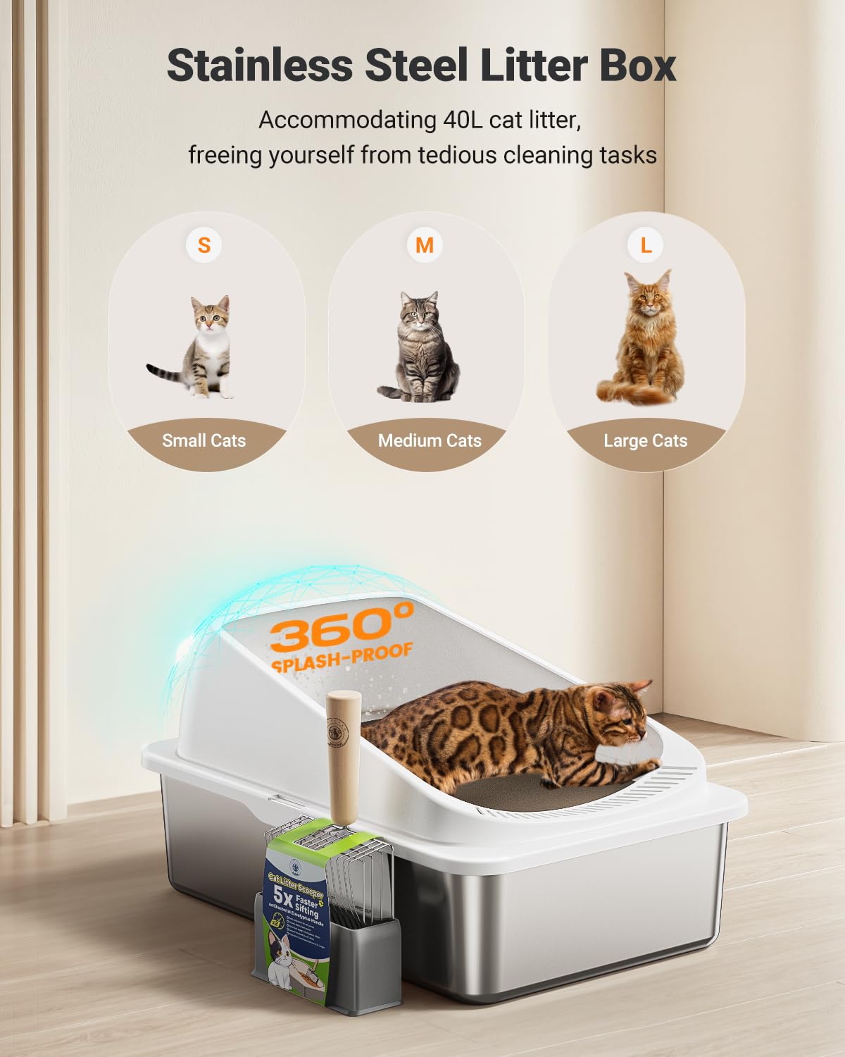 2 Pack Stainless Steel Cat Litter Box with High Sides Lid, XL Extra Large Metal Litter Box for Large Kitty and Multi-Cats, Anti-Urine Leakage, Non-Sticky, Include Scoop and Mat (Black＆White) - image 2