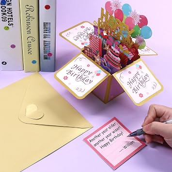 Fushing 3D Pop Up Birthday Card - Sweet Birthday Box Greeting Card Box with Blank Message Card & Envelope, Unique Handmade Scrapbook for Wife, Women, Men, Kids, Daughter, Son, Mom, Dad, Friend (Pink)