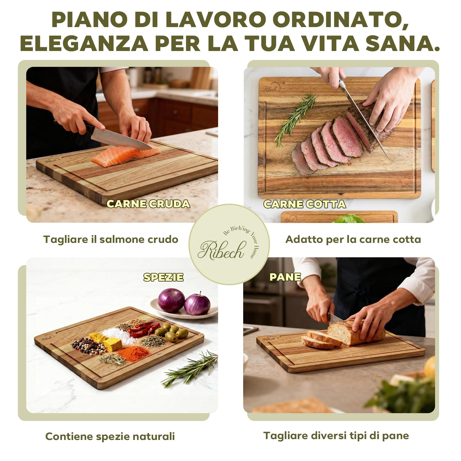 Set Taglieri 3 Pezzi in Legno di Acacia Massello con Supporto | 40x30cm 33x24cm 26x18cm | Taglieri Spessi 2cm con Canaletto e Piedini Antiscivolo