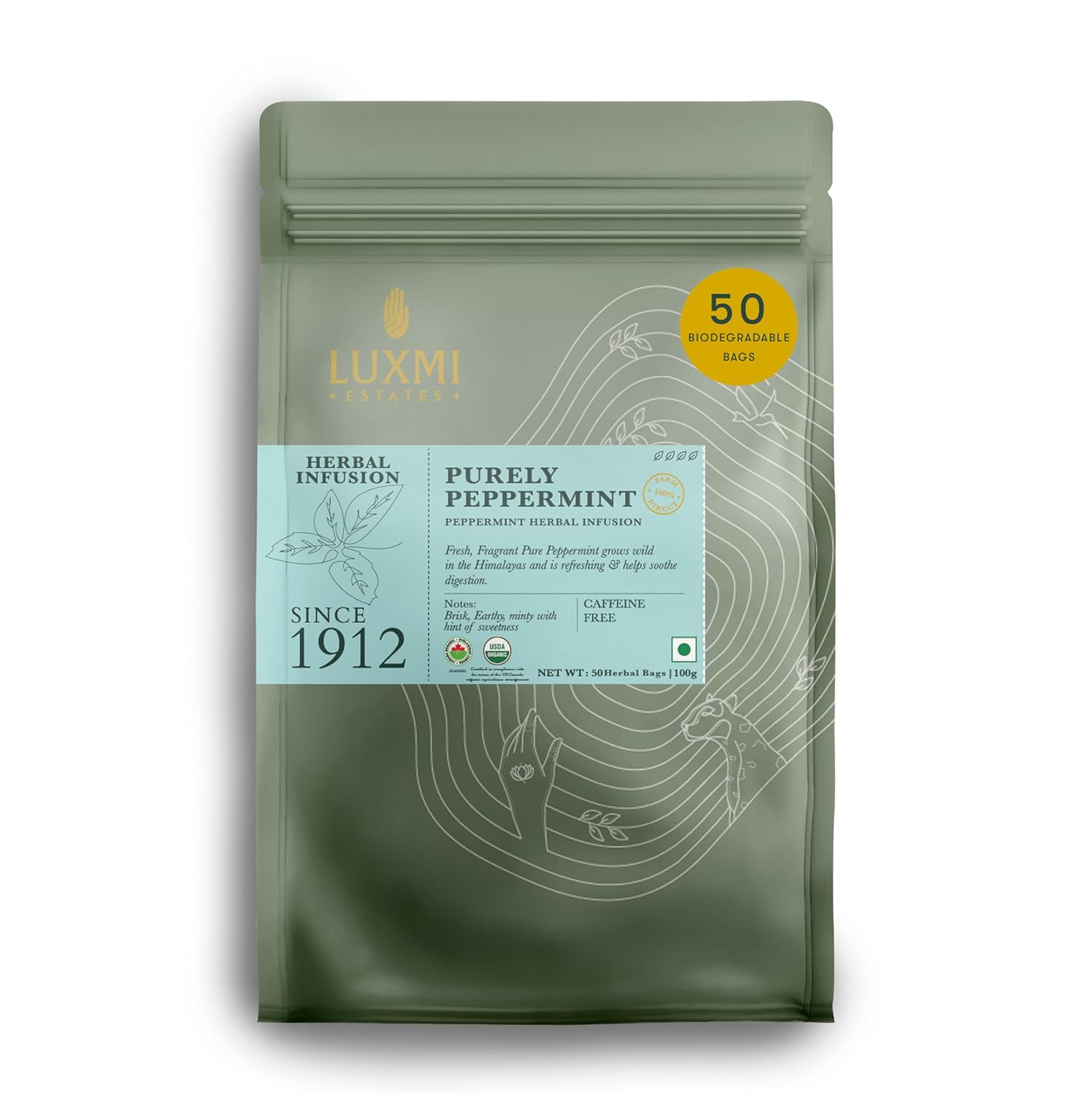 Luxmi Estates Organic Purely Peppermint 50 Tea Bags (100g/3.5oz) Pack | Caffeine Free | Biodegradable Tea Bags