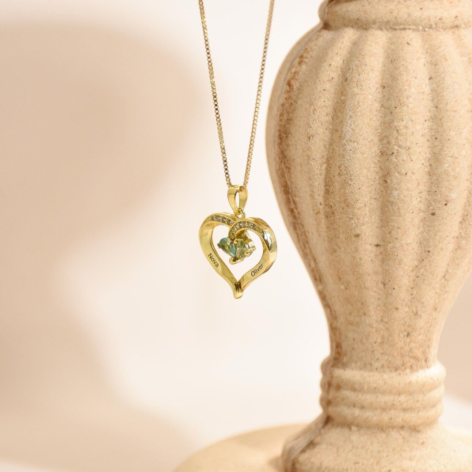 Cuore collana con pietra portafortuna, due nome su misura con pietra portafortuna famiglia coppia per mamma