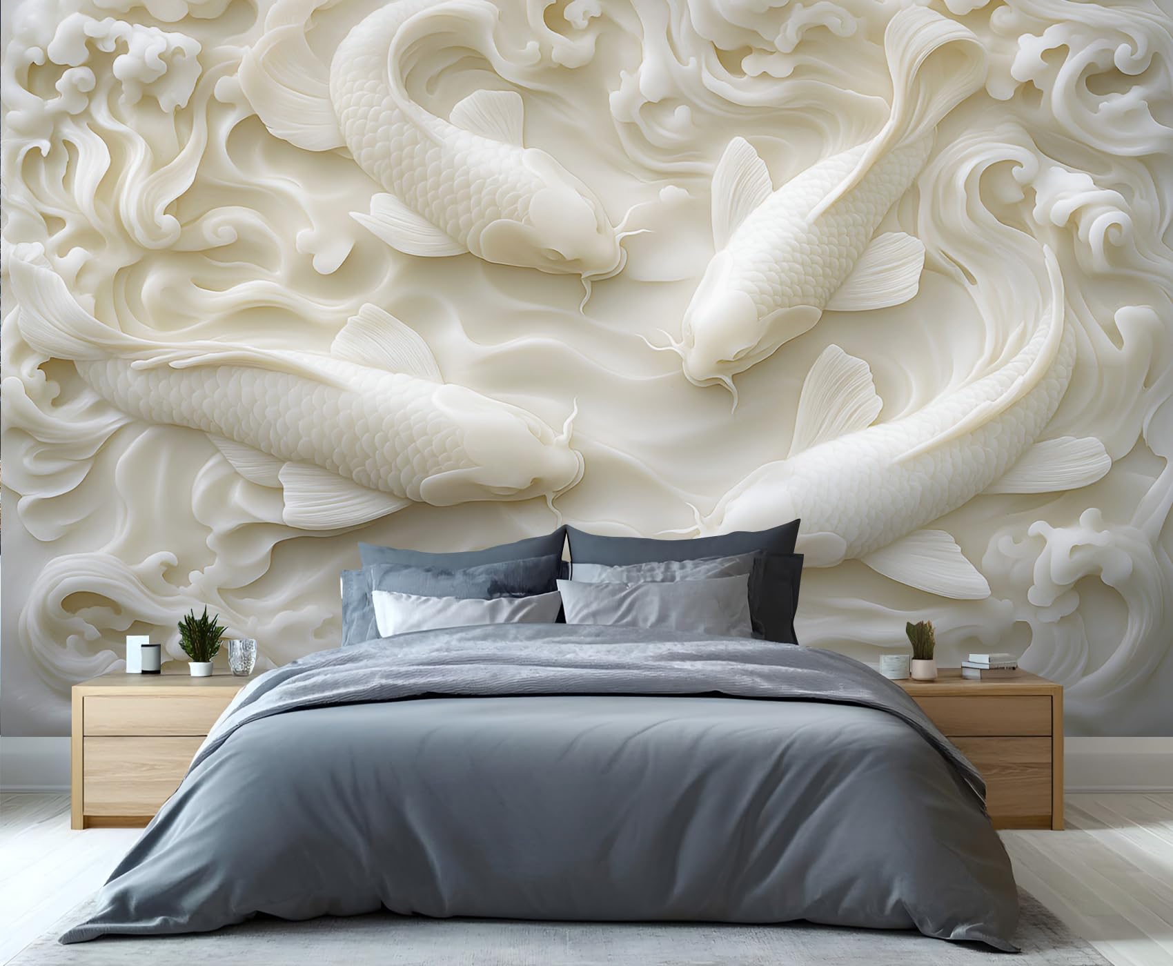 GIVLWF Koi Wallpaper, 3D Fish Self Adhesive Wallpaper for Living Room, Modern White Wall Paper for Bedroom, Retro Wall Mural, Simple Large Mural & Room Decor โ image 1