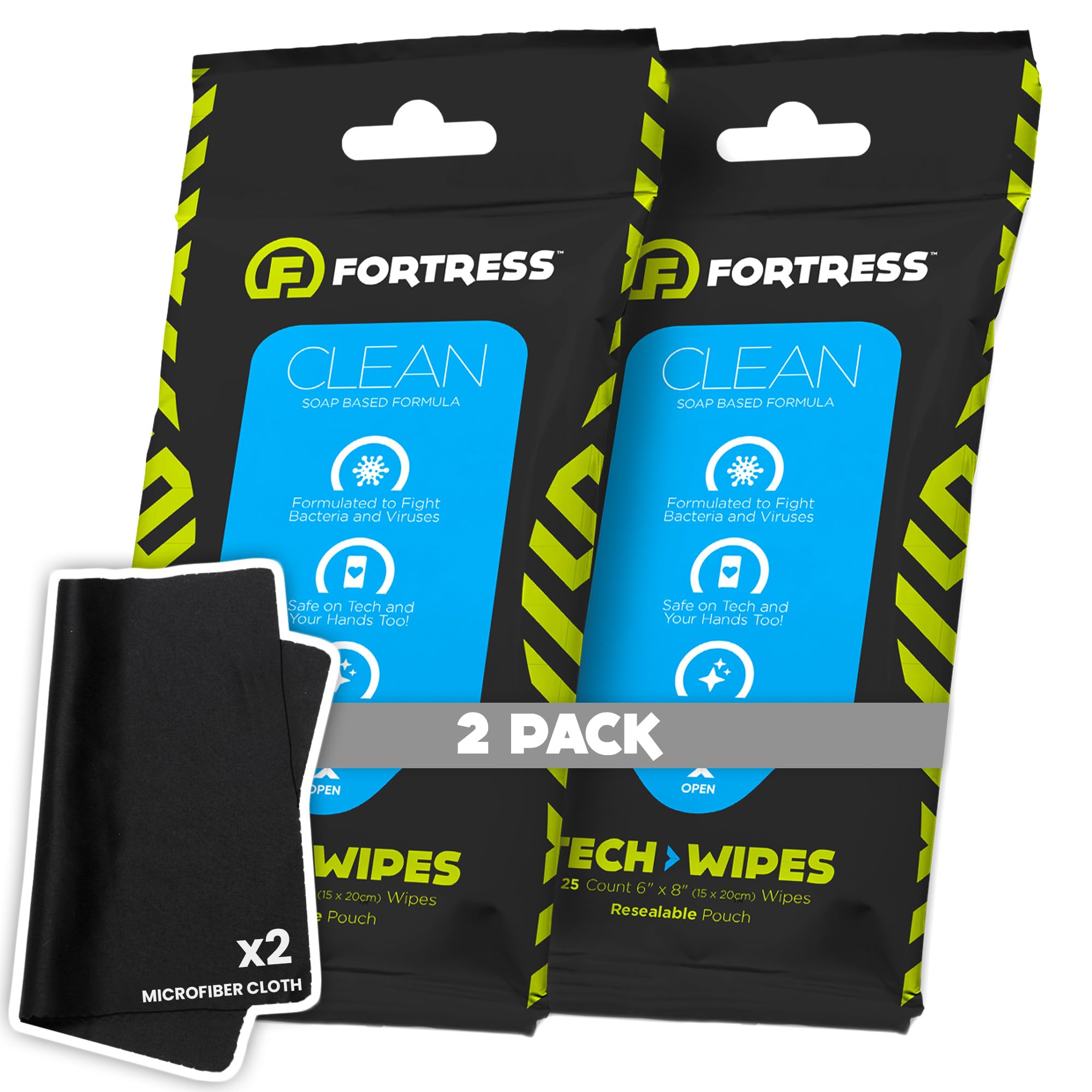 Fortress Electronic Wipes With Microfiber Cloth (25 ct, Pack of 2) To-Go Tech Wipes for Screens, Phones, Keyboards, TV Monitors, Computer Screens, and More [Travel Size] Skin-Safe