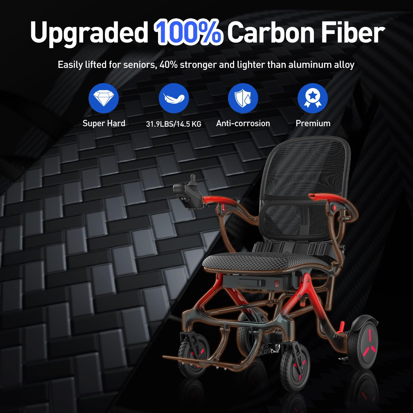 Silla de ruedas eléctrica plegable ligera de carbono: 25 km con neumáticos antipinchazos para todo terreno - Silla de ruedas eléctrica con respaldo transpirable hasta 150 kg