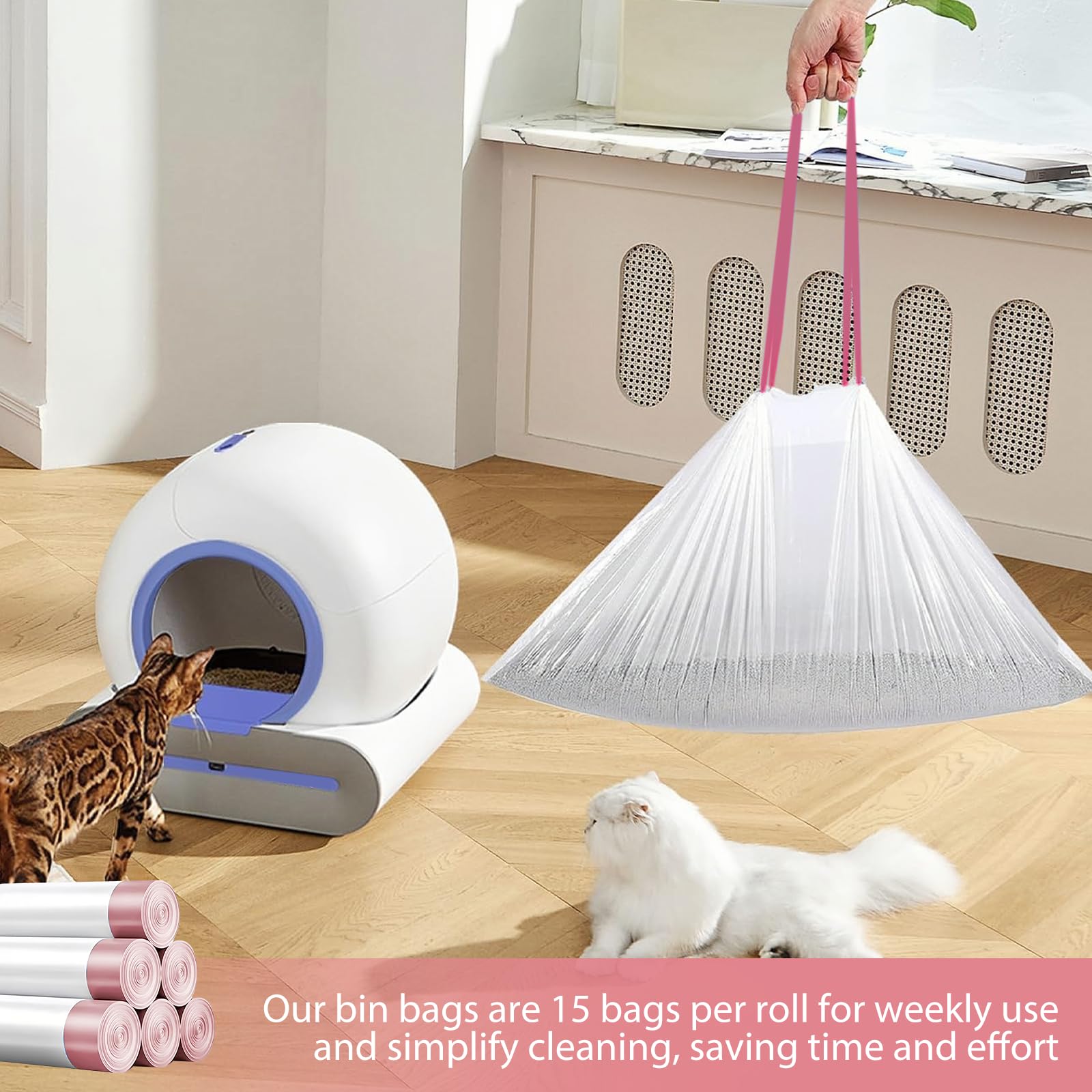 Bolsas de basura con asa: 6 rollos de bolsas de arena para gatos, bolsa para arena para gatos, bolsa de recambio para cambio de arena para gatos, 90 unidades, duradera y autolimpiable, color