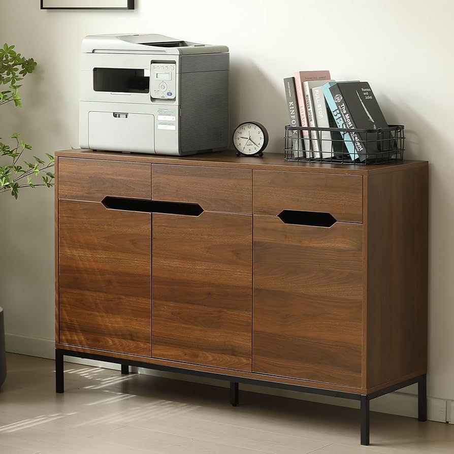 【新品】幅118cm 木製キャビネット 大容量収納 引出し&両開き扉付き Amazon｜木製キャビネット 幅118cm 収納棚 チェスト 大容量収納