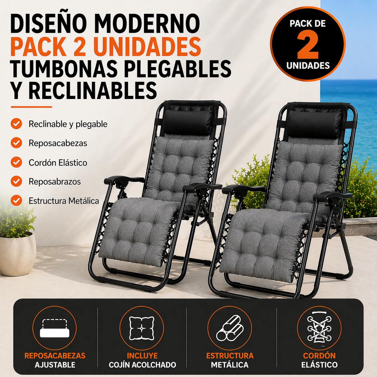 TIENDA EURASIA – Pack 2 Tumbonas Plegables y Reclinables para Jardín | con Cojín y Reposacabezas | Estructura de Acero | Color Negro | hasta 100 kg | Exterior, Terraza y Piscina