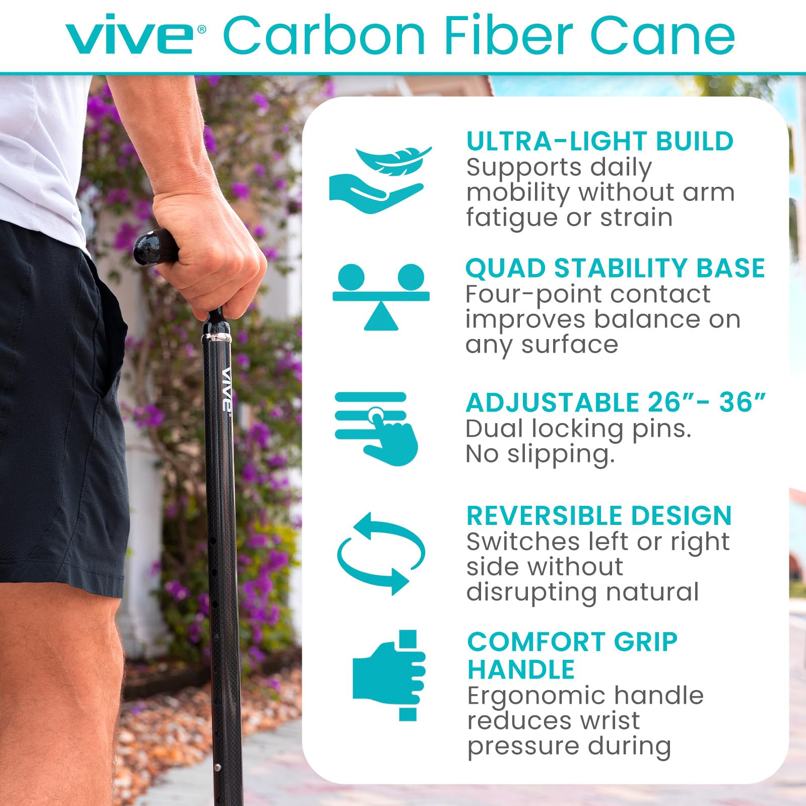 Vive Quad Cane - Bastón ligero de fibra de carbono para hombres y mujeres - Mango ergonómico ajustable - Puntas de goma antideslizantes de cuatro puntas para soporte de estabilidad derecha e izquierda