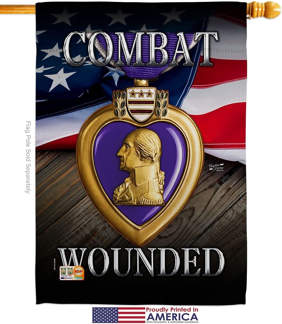 Purple Heart Combat Wounded House Flag Dowel Set Armed Forces Military Service All Branches Support Honor United State American Veteran Official Small Gift Yard Banner 28 X 40