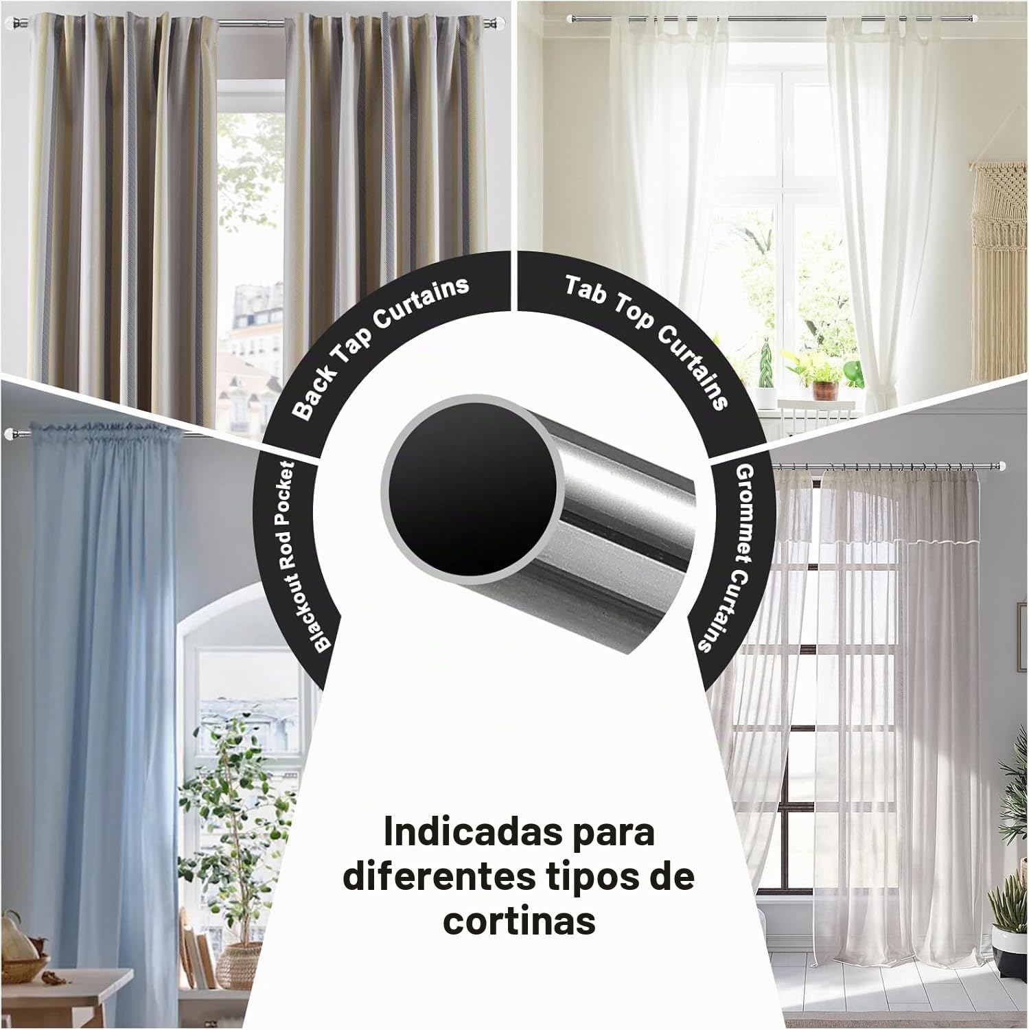 Barra de Cortina Ajustables, 71-238cm Barra de Cortina Extensible con Soportes de Acero Inoxidable - 16 mm de Diámetro con Cola de Diamante Acrílico