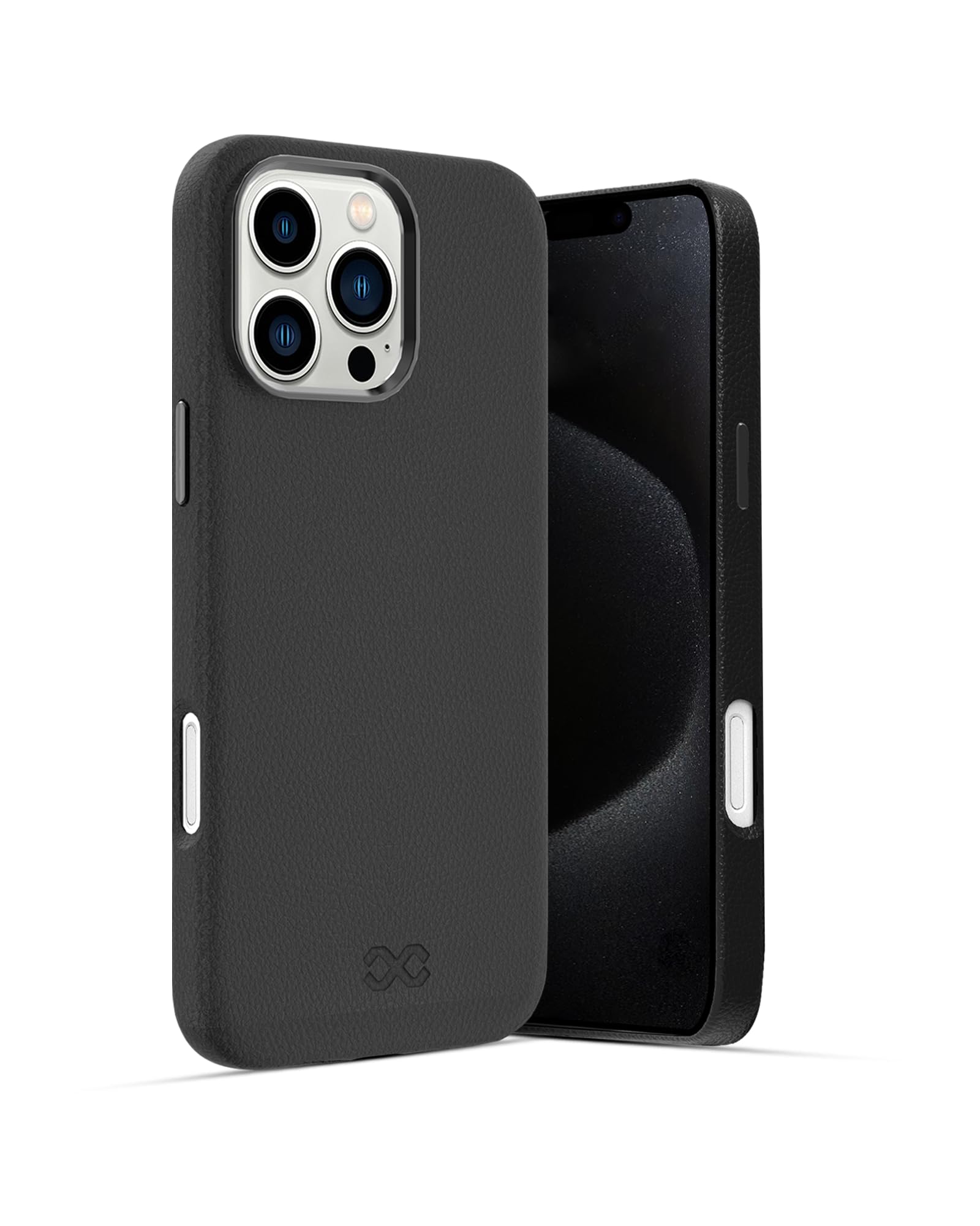 iPhone 16 Pro Max Black Vegan Leather Case MagSafe Compatible Military Grade Drop Protection Vogue Metallic Accents Slim Shockproof Protective Cover with Raised Edges (6.9