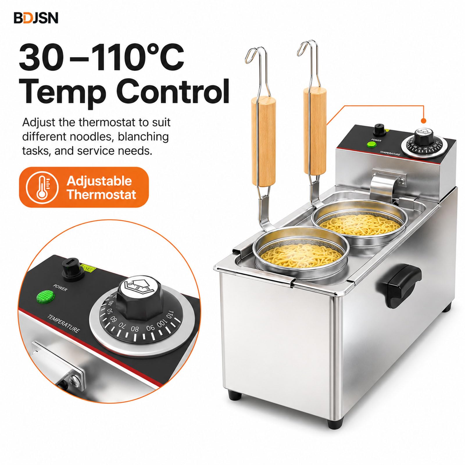Elektrischer Gastro-nudelkocher, 2000 W Edelstahl-pastakocher Mit 2 Runden Siebkörben, Thermostat 30–110 °c, Kompaktes Auftischgerät