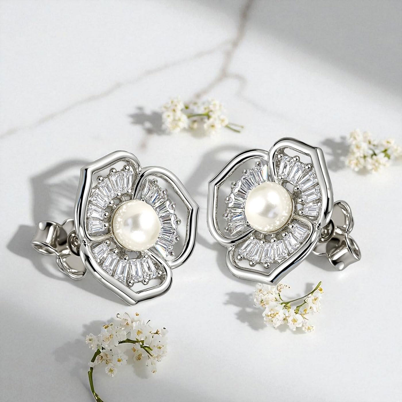 Schöner-SD Ohrstecker Blume groß 925 Silber mit Perle und Zirkonia