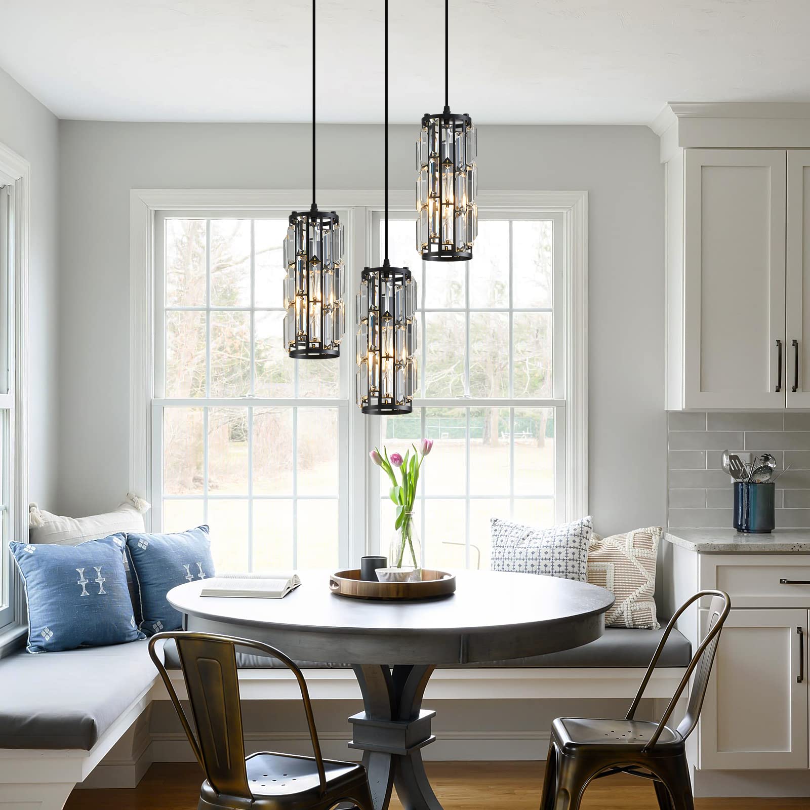 JZCNLYEW 1 Light Black Pendant Light Modern Pendant Light Fixtures Mini Pendant Lighting Crystal Chandeliers Adjustable Ceiling Hanging Lamp for Kitchen Island Dinning Room Counter Bar Hallway