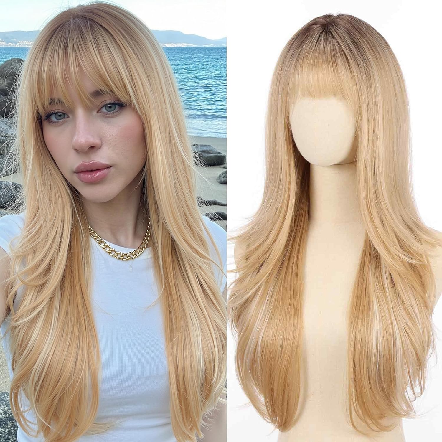 testar Orange Ginger Long Wavy Auburn Wigs for Women with Bangs Natural Synthetic Layered Heat Resistant Wig for Girls Daily Party Cosplay Halloween Use