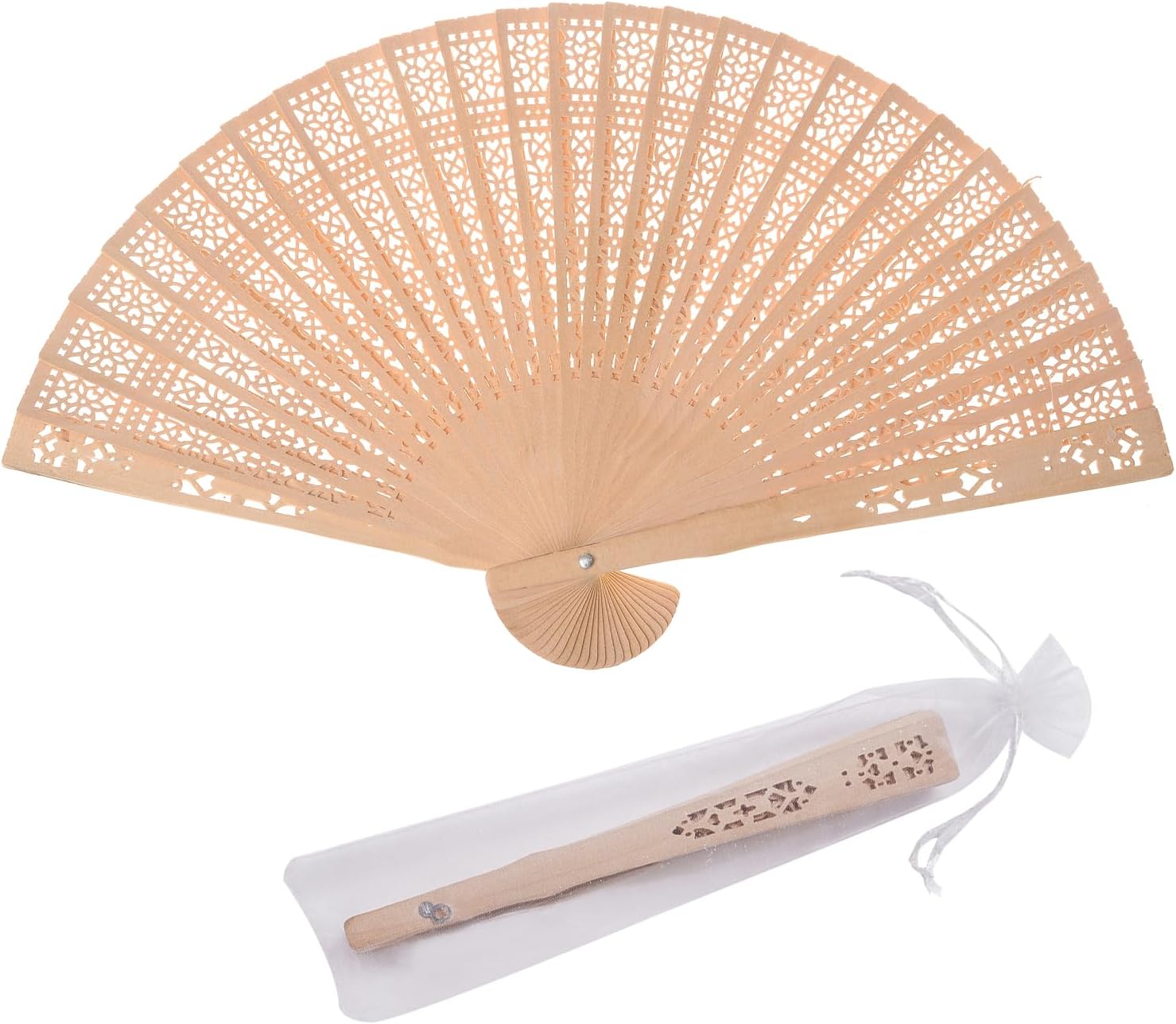 Wooden Hand Fan Handheld Folding Fans with Organza Bags Wedding Favors (Pack of 50)